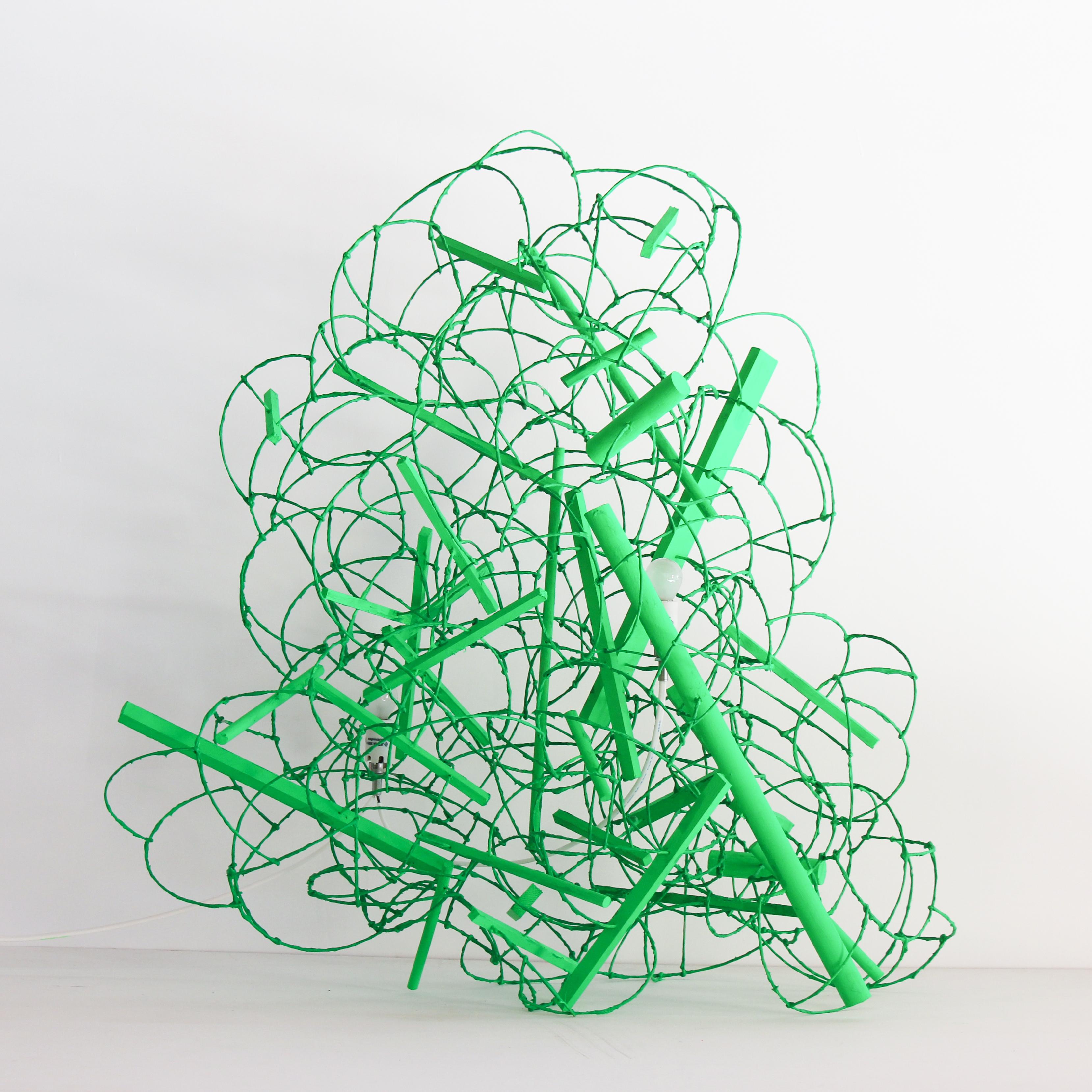 Bulge Lines: green.

This sculptural lighting is made of mainly a lot of wires bonded each. Two light bulbs are inside. Some wood pieces are also bonded with wires. It is a lighting work of an artist with a sensitive style.

Light source 
E17