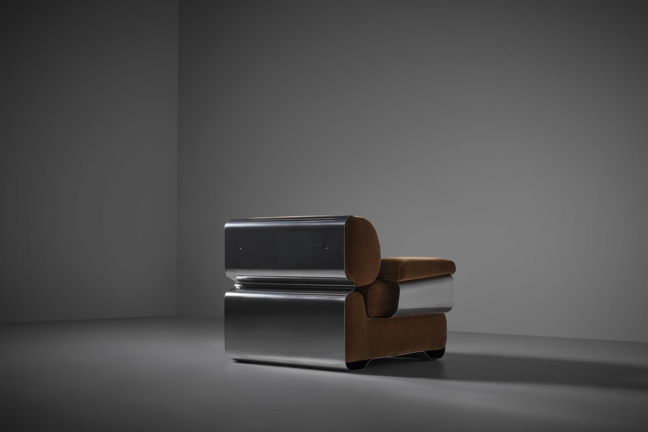 Bulky lounge chair by Gian Pietro Arosio for D.A.S., Italy 1970s. A striking and bold design featuring high-polished aluminum elements and voluminous cushions. The chair is upholstered in premium, thick mohair velvet from the Pierre Frey®