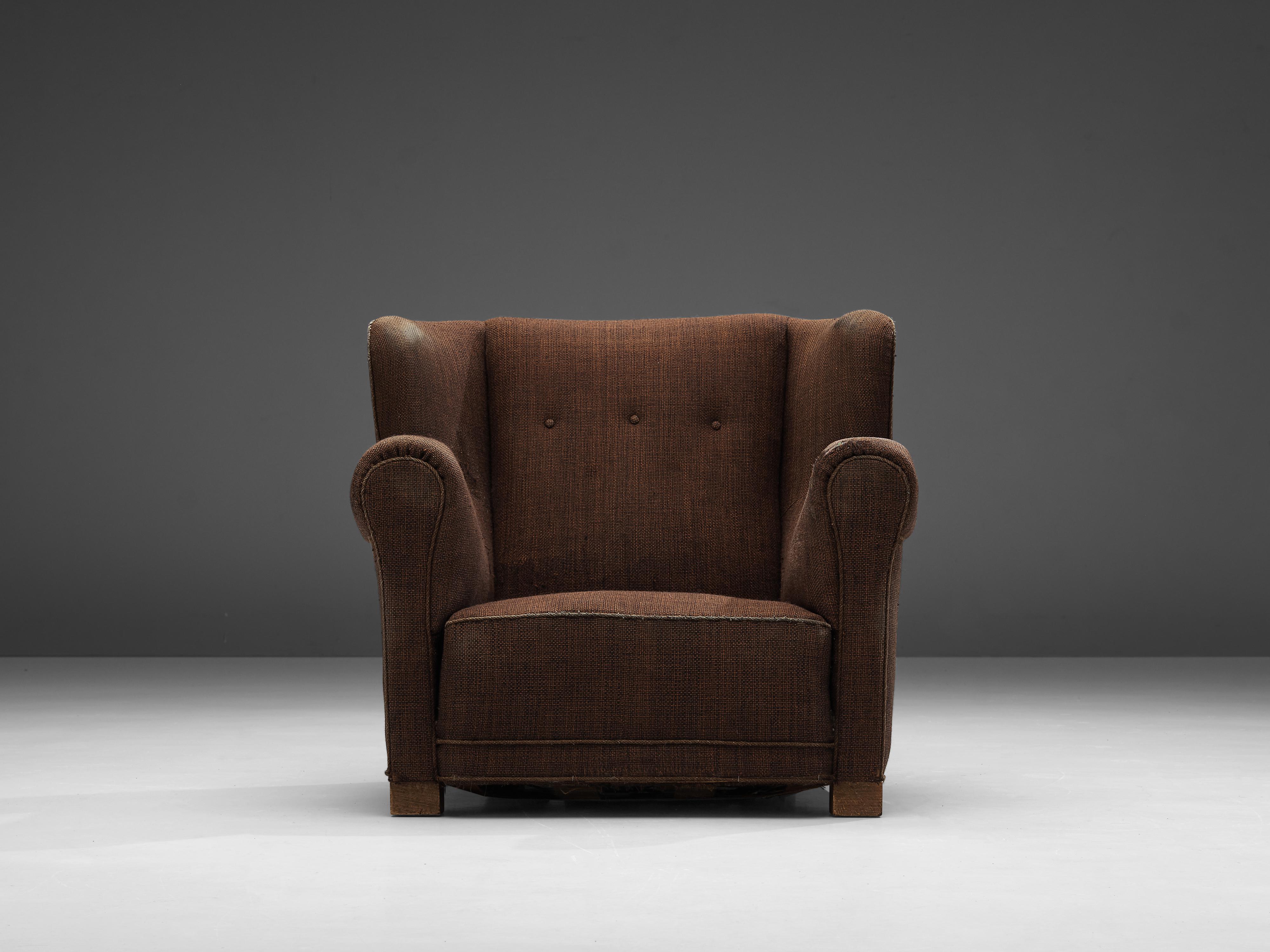 Scandinavian Modern Bulky Danish Lounge Chair in Dark Brown Upholstery For Sale