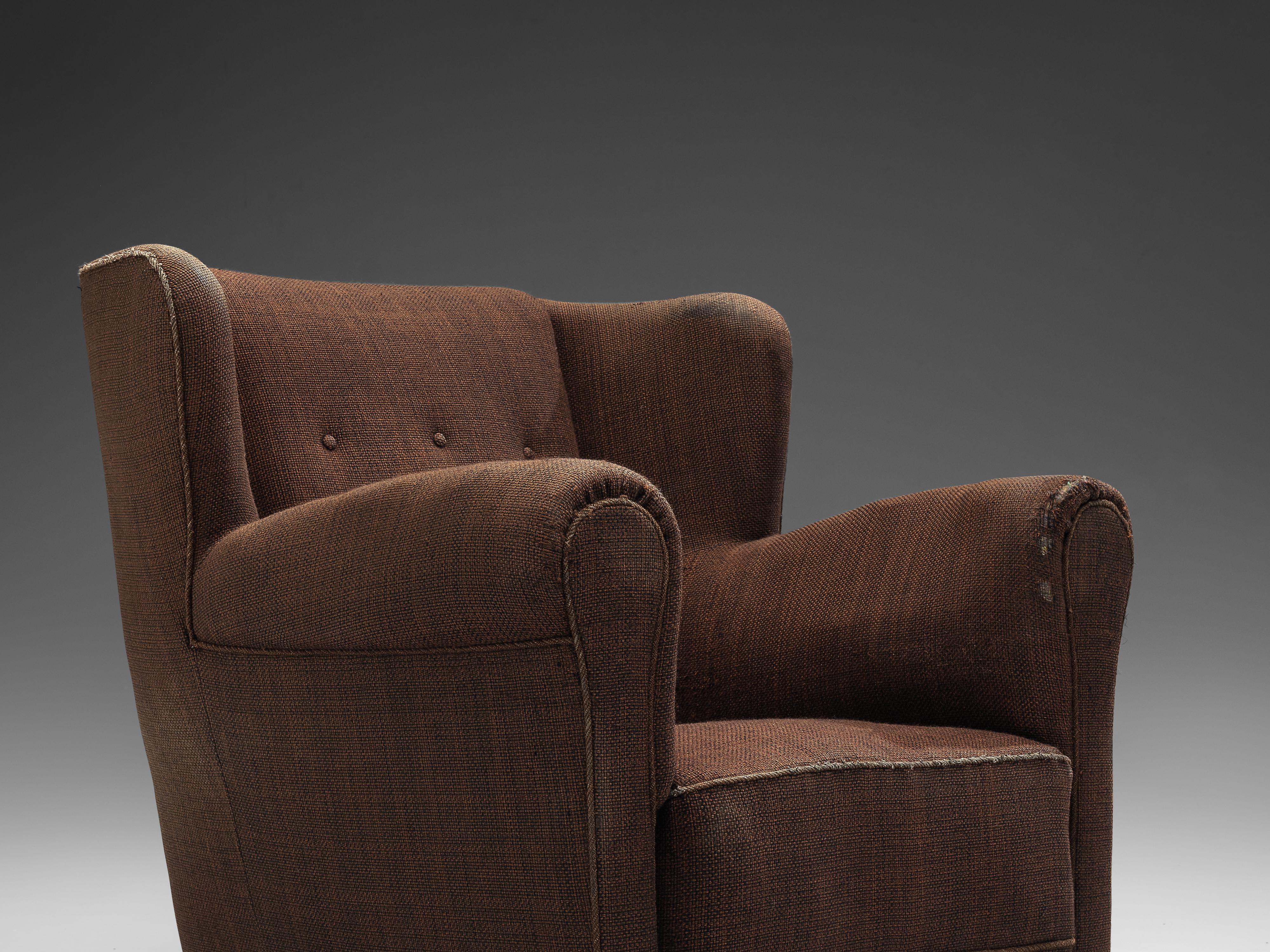 Fabric Bulky Danish Lounge Chair in Dark Brown Upholstery For Sale