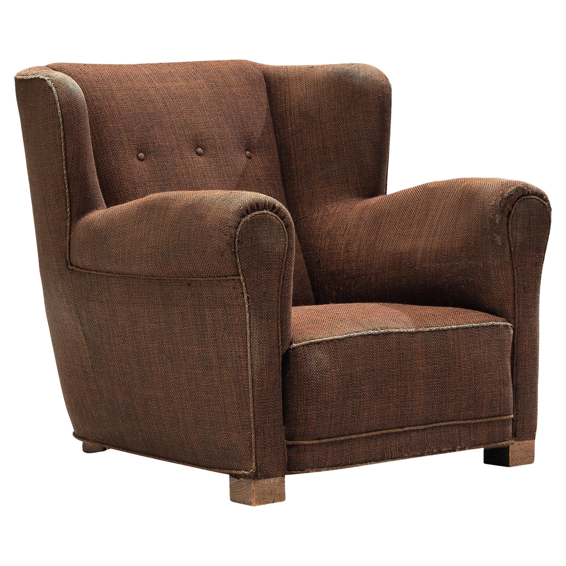 Bulky Danish Lounge Chair in Dark Brown Upholstery For Sale