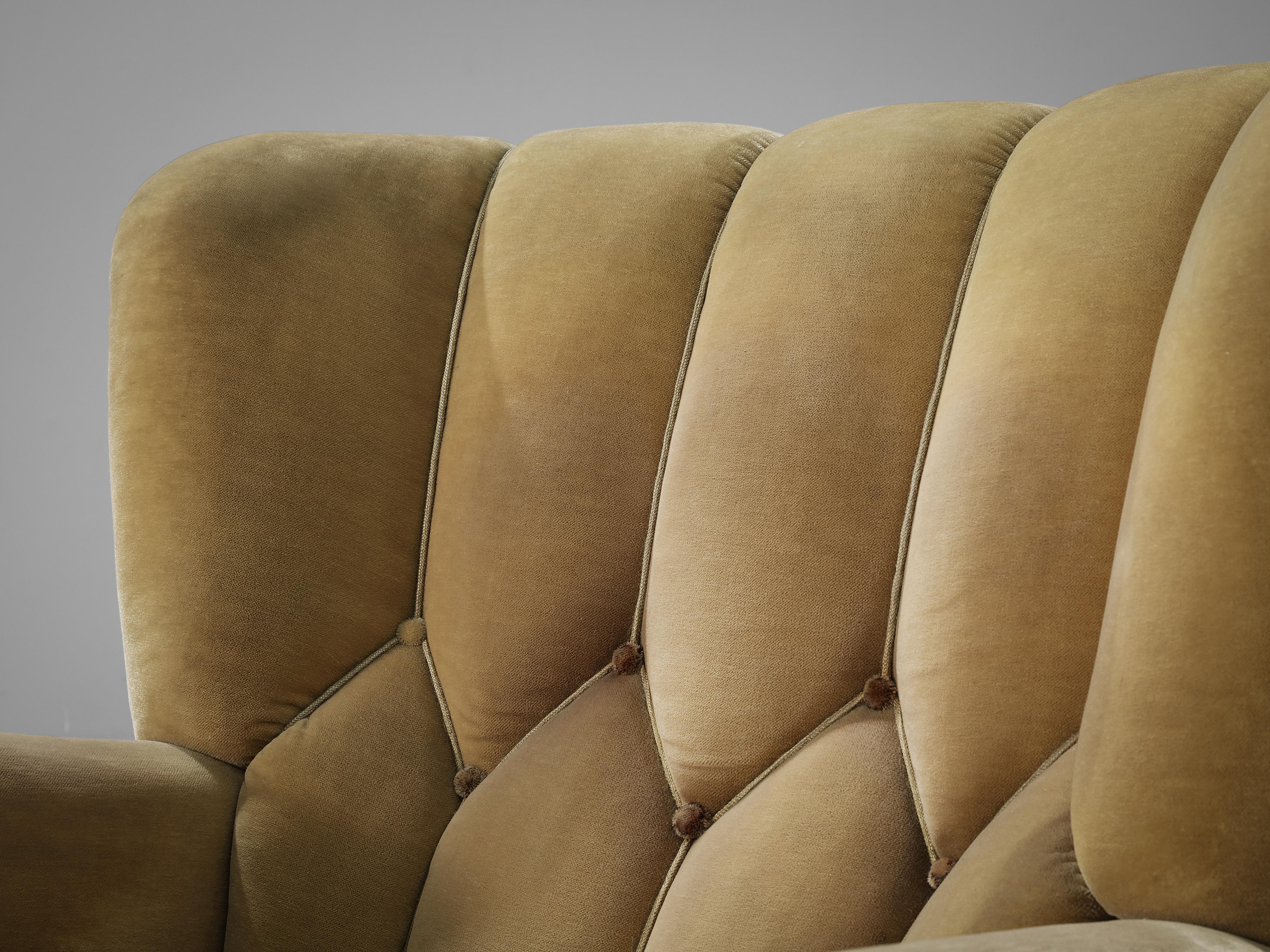 Fabric Bulky Danish Lounge Chair in Mustard Velvet and Wood For Sale