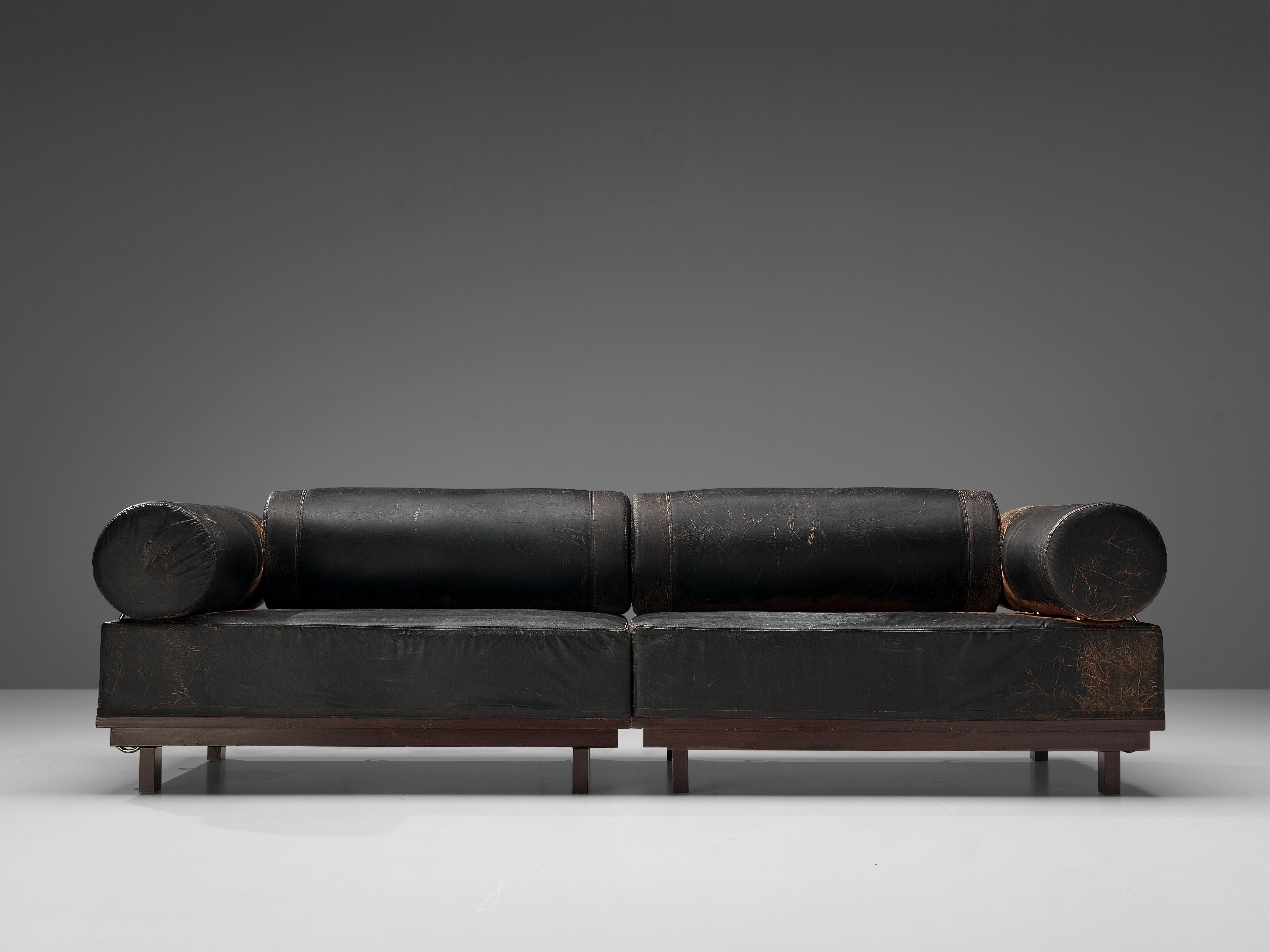 European Bulky Modular Sofa in Leatherette and Metal Details