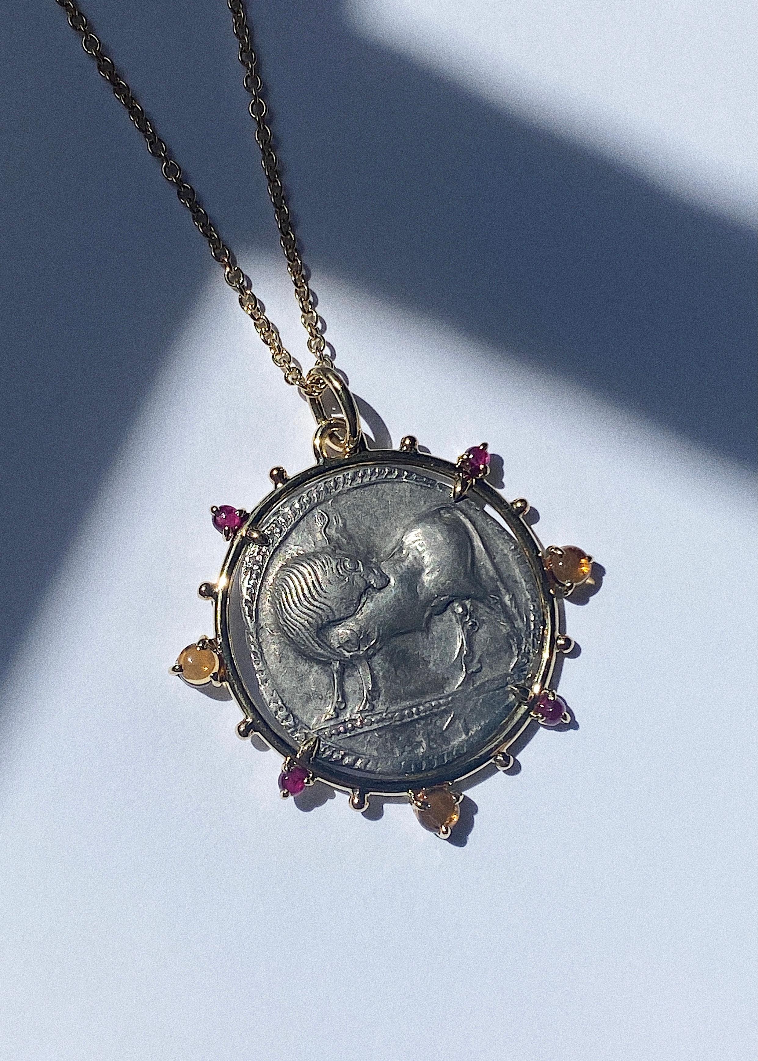 Classical Greek Bull Ancient Silver Coin 18 Karat Ruby Citrine Cabochon Medallion For Sale