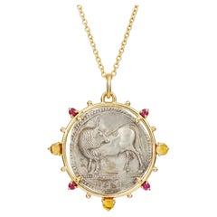Médaillon Bull en argent ancien 18 carats, rubis, citrine cabochon