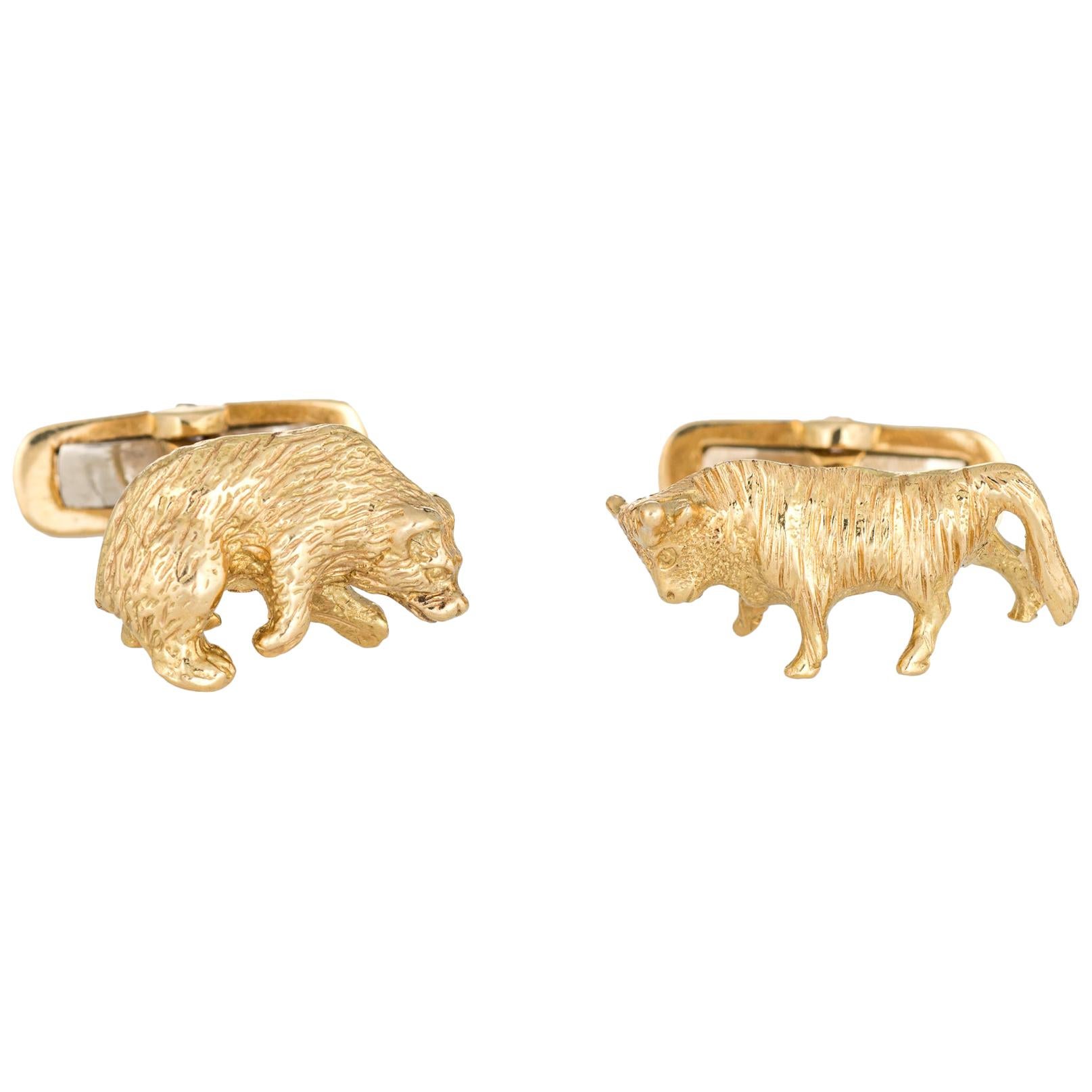 Bull Bear Cufflinks Vintage 18 Karat Gold Stock Market Stockbroker Men's Jewelry