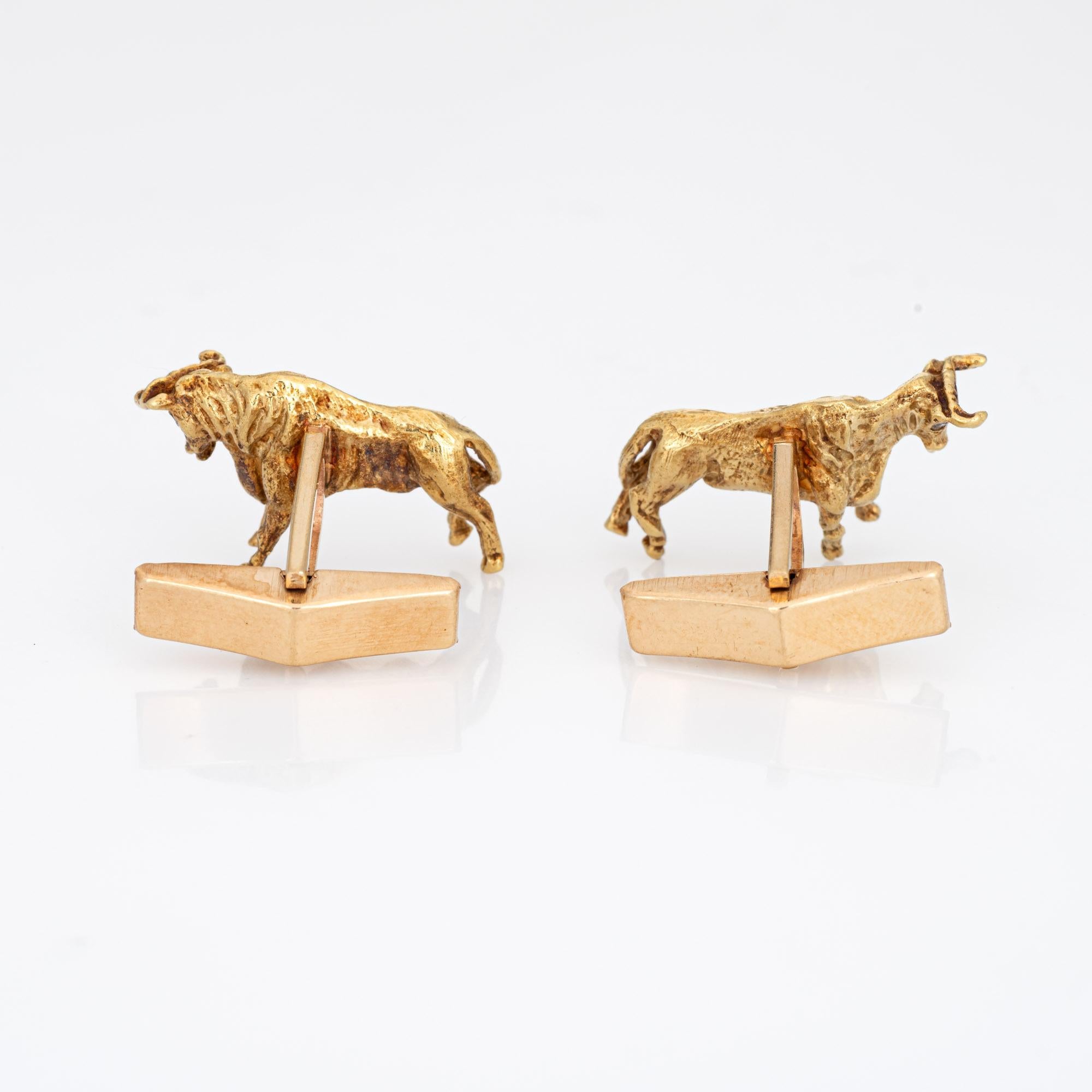 Finely detailed pair of Bull cufflinks crafted in 14k yellow gold (circa 1970s to 1980s). 

The Bulls feature lifelike detail, and the cufflinks have a nice weighty feel (15.1 grams). Ideal for day or evening wear. 

The cufflinks are in very good