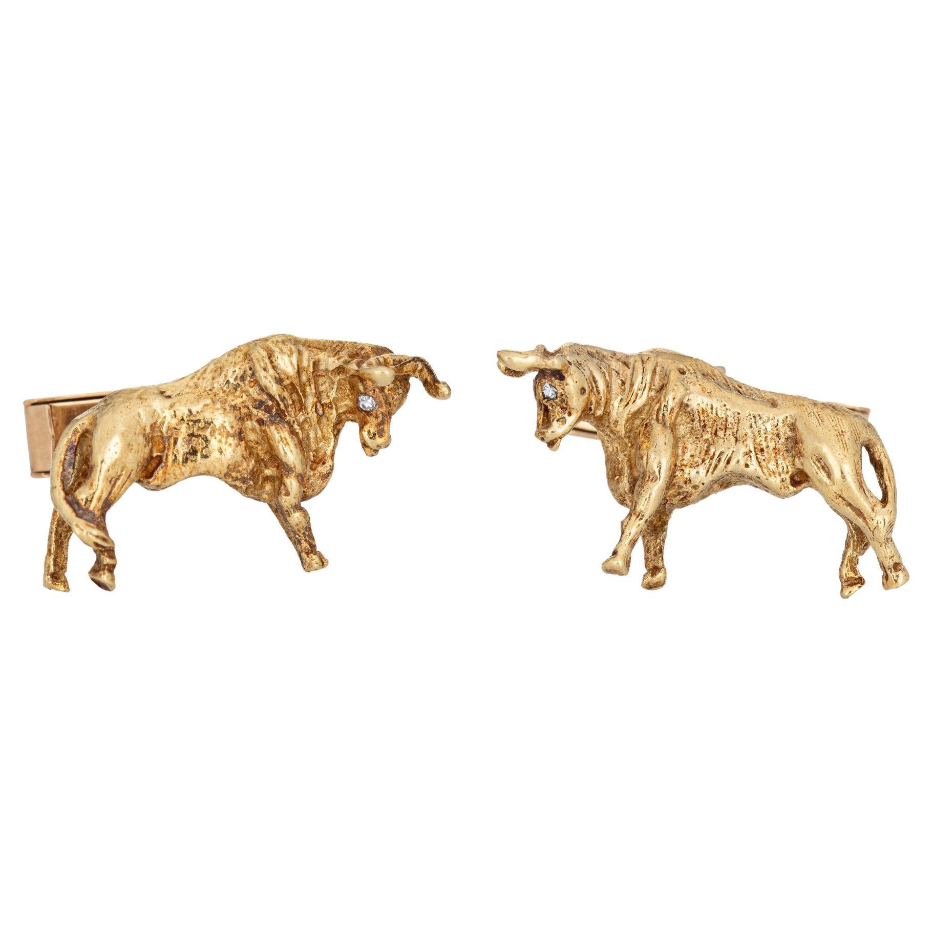 Bull Cufflinks Vintage 70s 14k Gold Stock Market Stockbroker Animal Jewelry For Sale