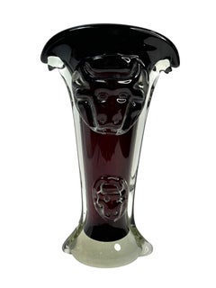 Bull Face Brutalist Murano Glass Vase red & clear, Vintage, Italy, 1960s