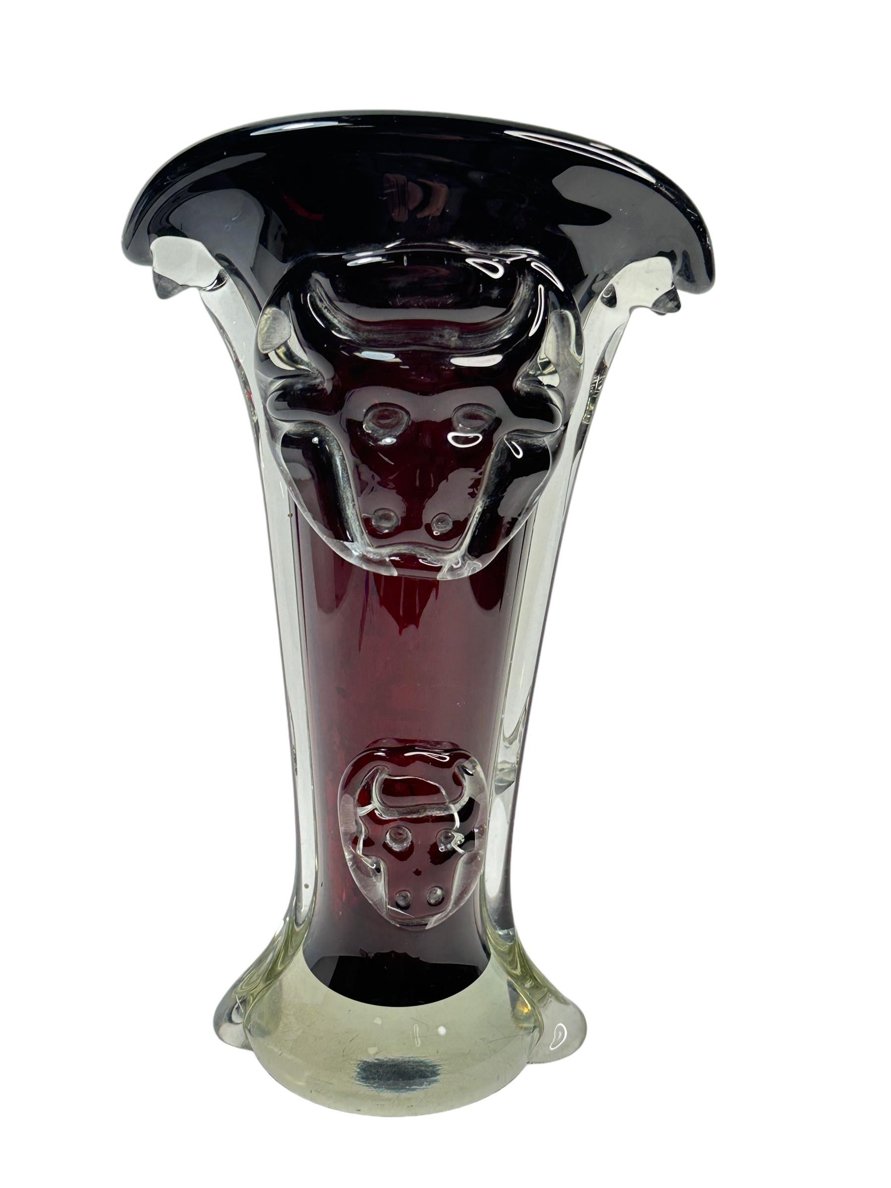 Mid-Century Modern Bull Face Brutalist Murano Glass Vase red & clear, Vintage, Italy, 1960s For Sale