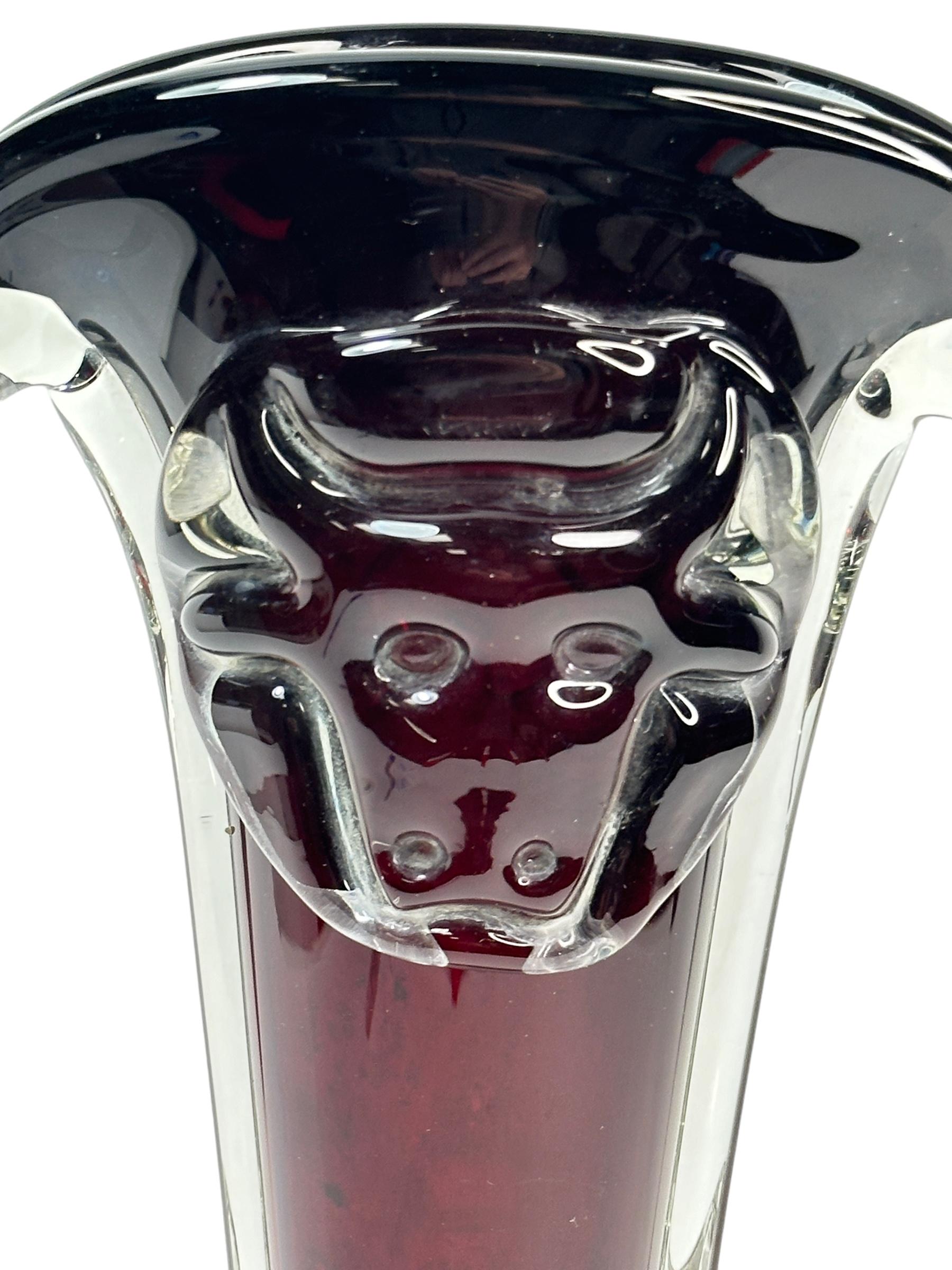 Italian Bull Face Brutalist Murano Glass Vase red & clear, Vintage, Italy, 1960s For Sale