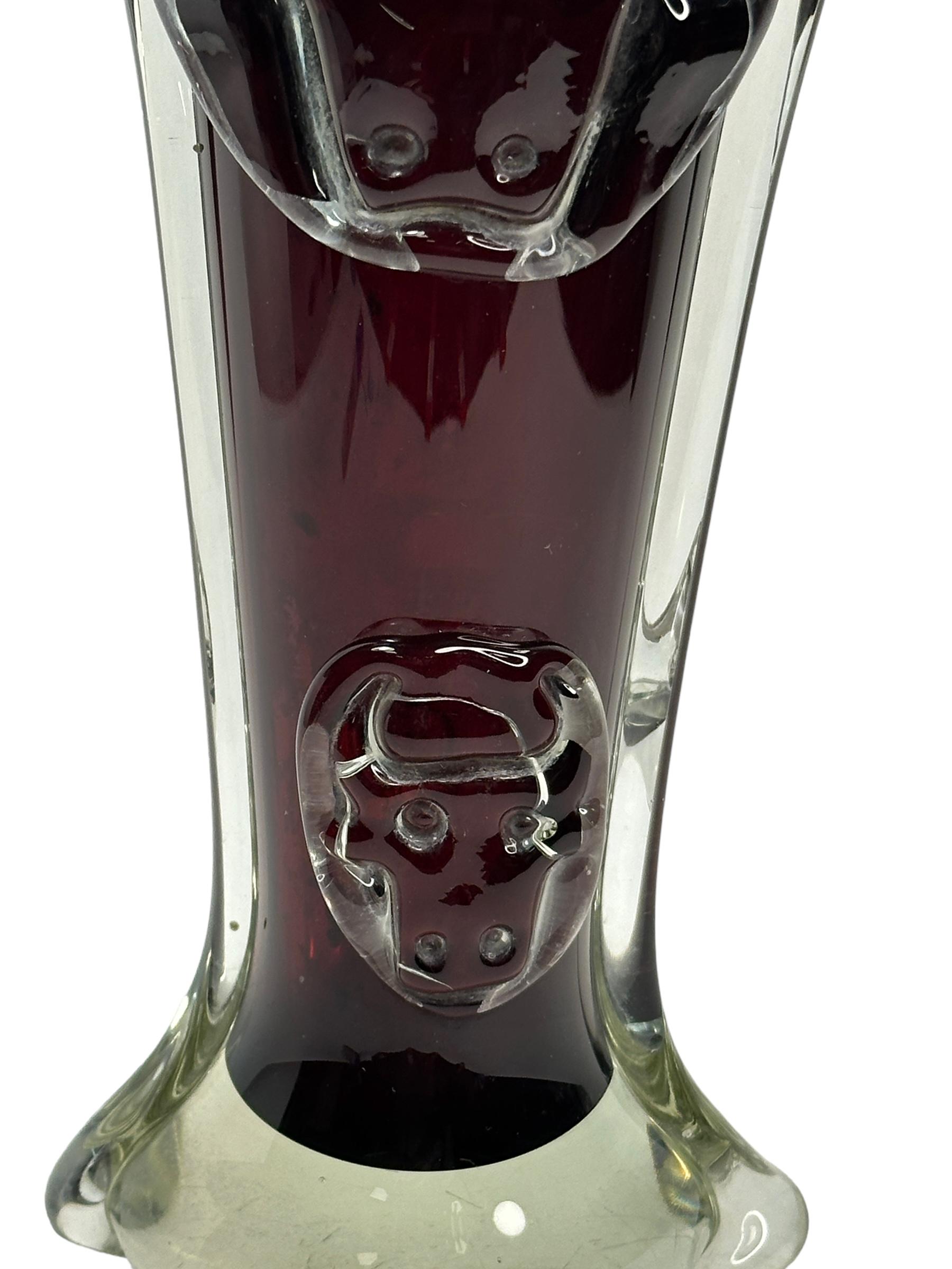 Hand-Crafted Bull Face Brutalist Murano Glass Vase red & clear, Vintage, Italy, 1960s For Sale