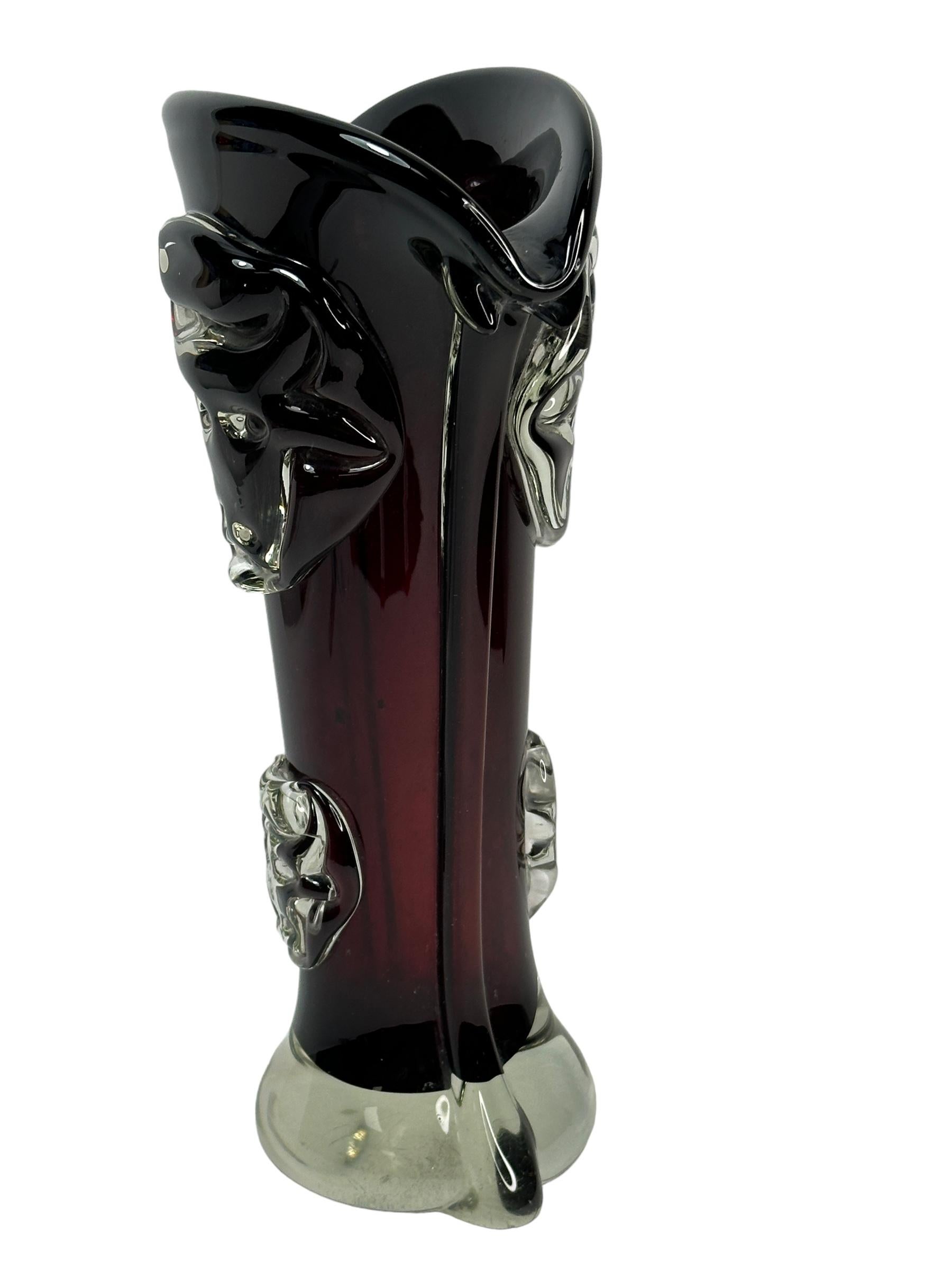 Art Glass Bull Face Brutalist Murano Glass Vase red & clear, Vintage, Italy, 1960s For Sale