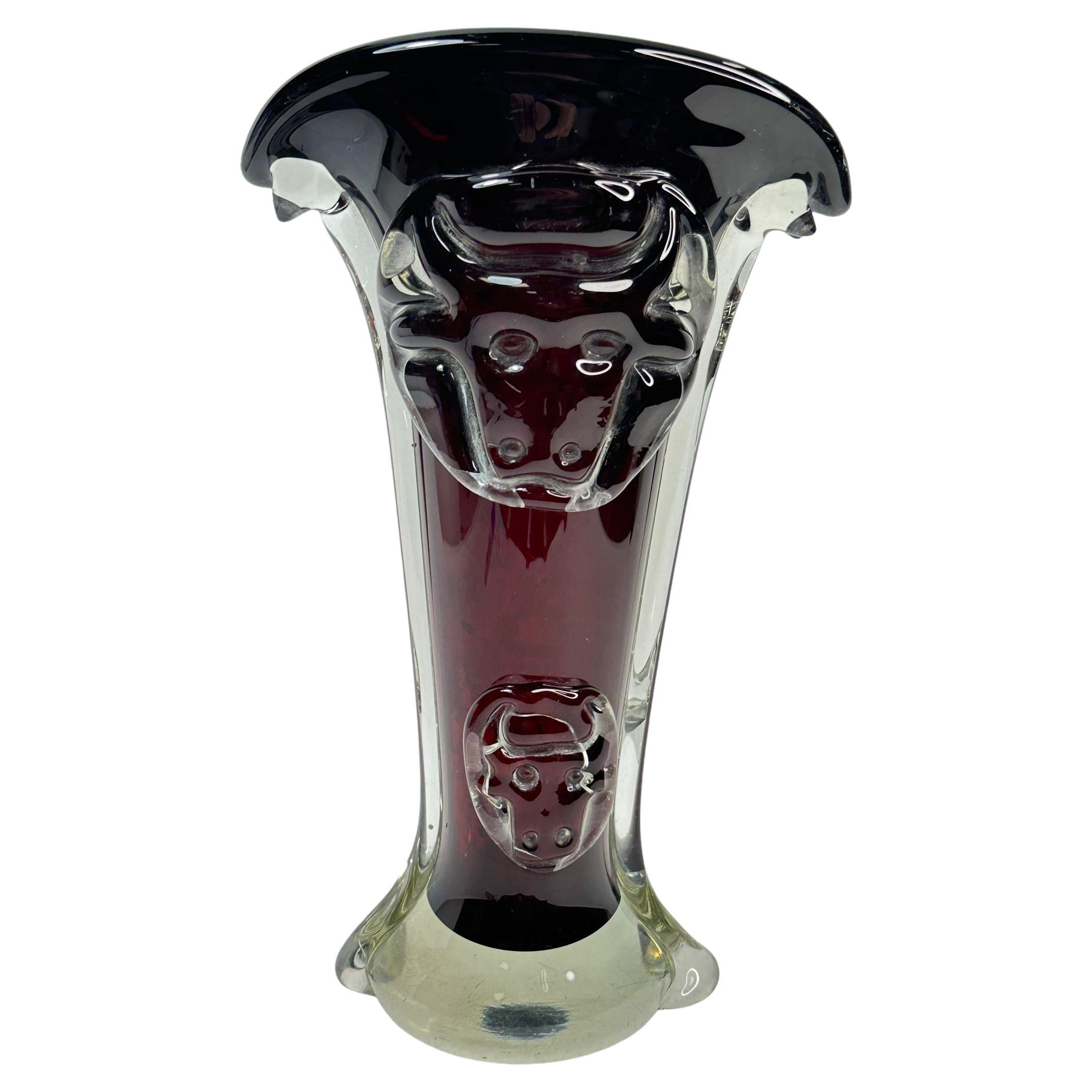 Vase en verre de Murano brutaliste rouge et transparent, Vintage, Italie, années 1960 en vente