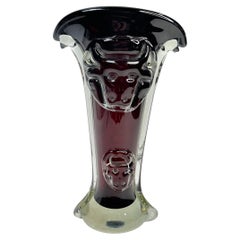 Stiergesicht Brutalistische Murano Glas Vase rot & klar, Vintage, Italien, 1960er