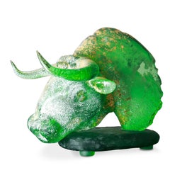 Bull Head Sculpture green Murano Glass, Pino Signoretto and Seguso Vetri D'Arte