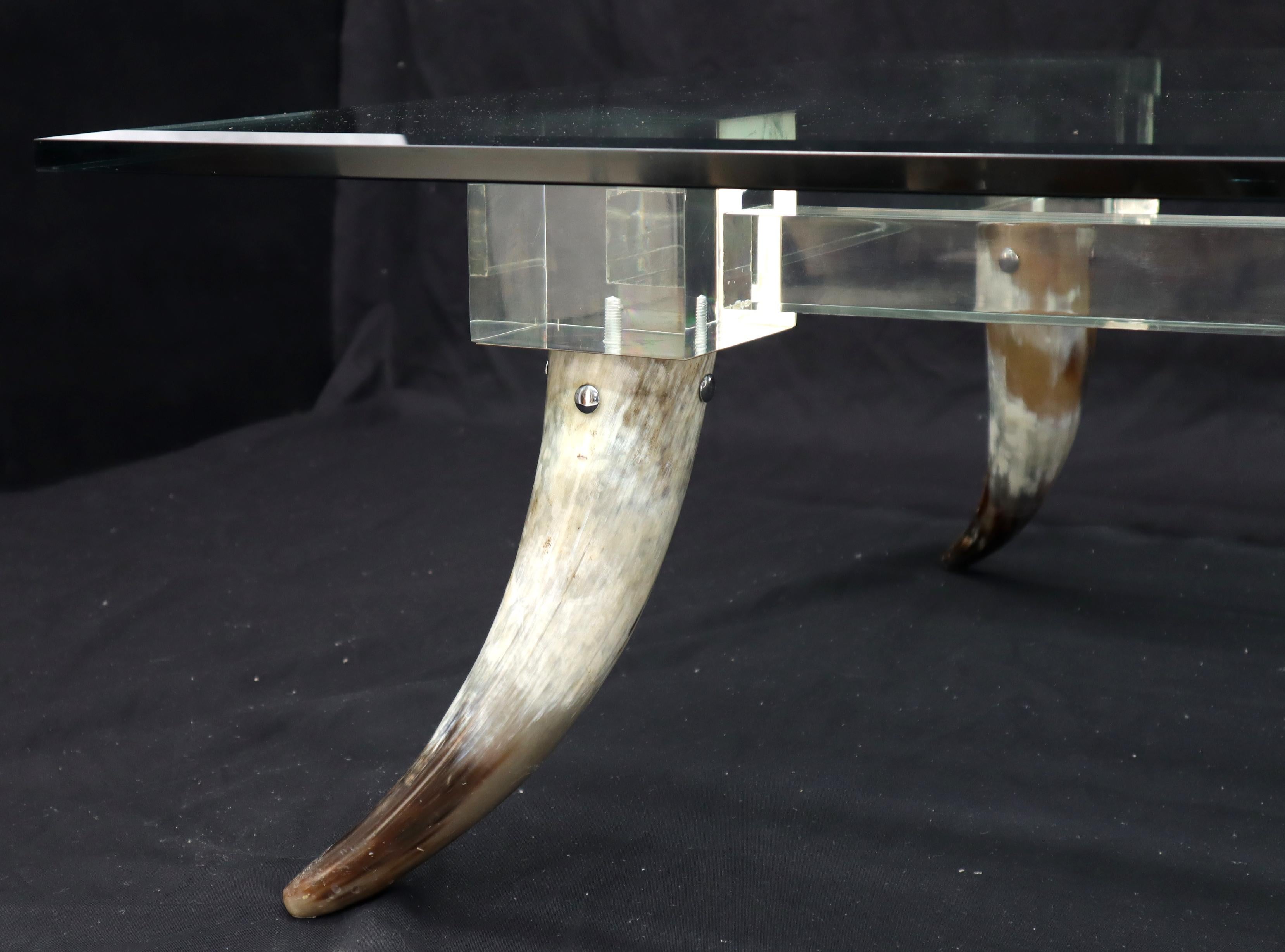 Bull Horns Shaped to Legs Lucite Stretchers Base Square Glass Top Coffee Table For Sale 1