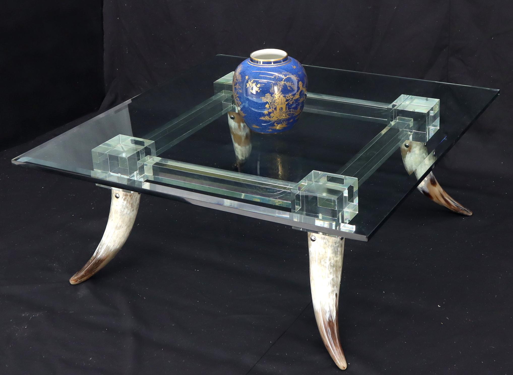 Bull Horns Shaped to Legs Lucite Stretchers Base Square Glass Top Coffee Table For Sale 4