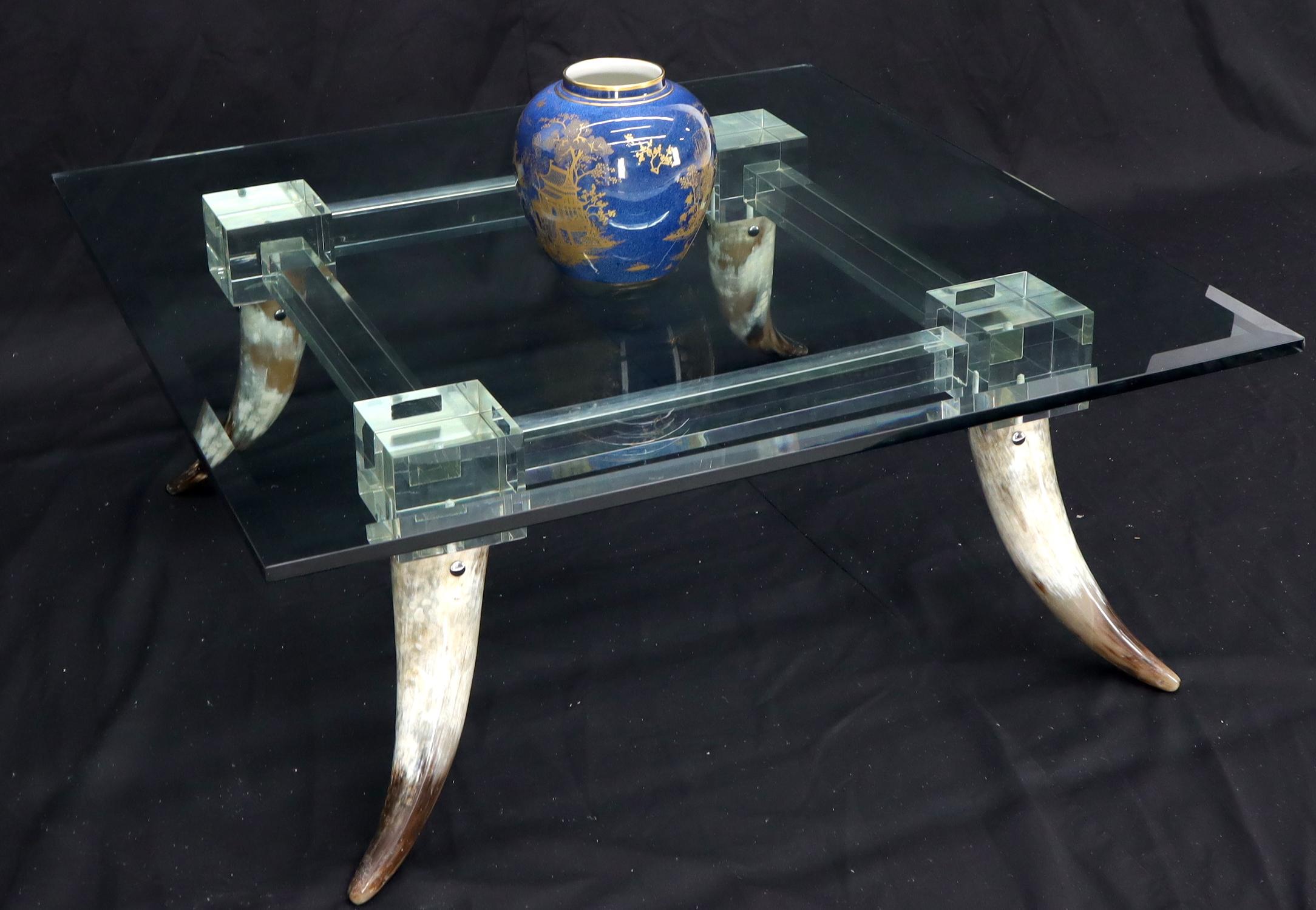 Bull Horns Shaped to Legs Lucite Stretchers Base Square Glass Top Coffee Table For Sale 5