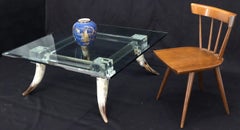 Bull Horns Shaped to Legs Lucite Stretchers Base Square Glass Top Coffee Table