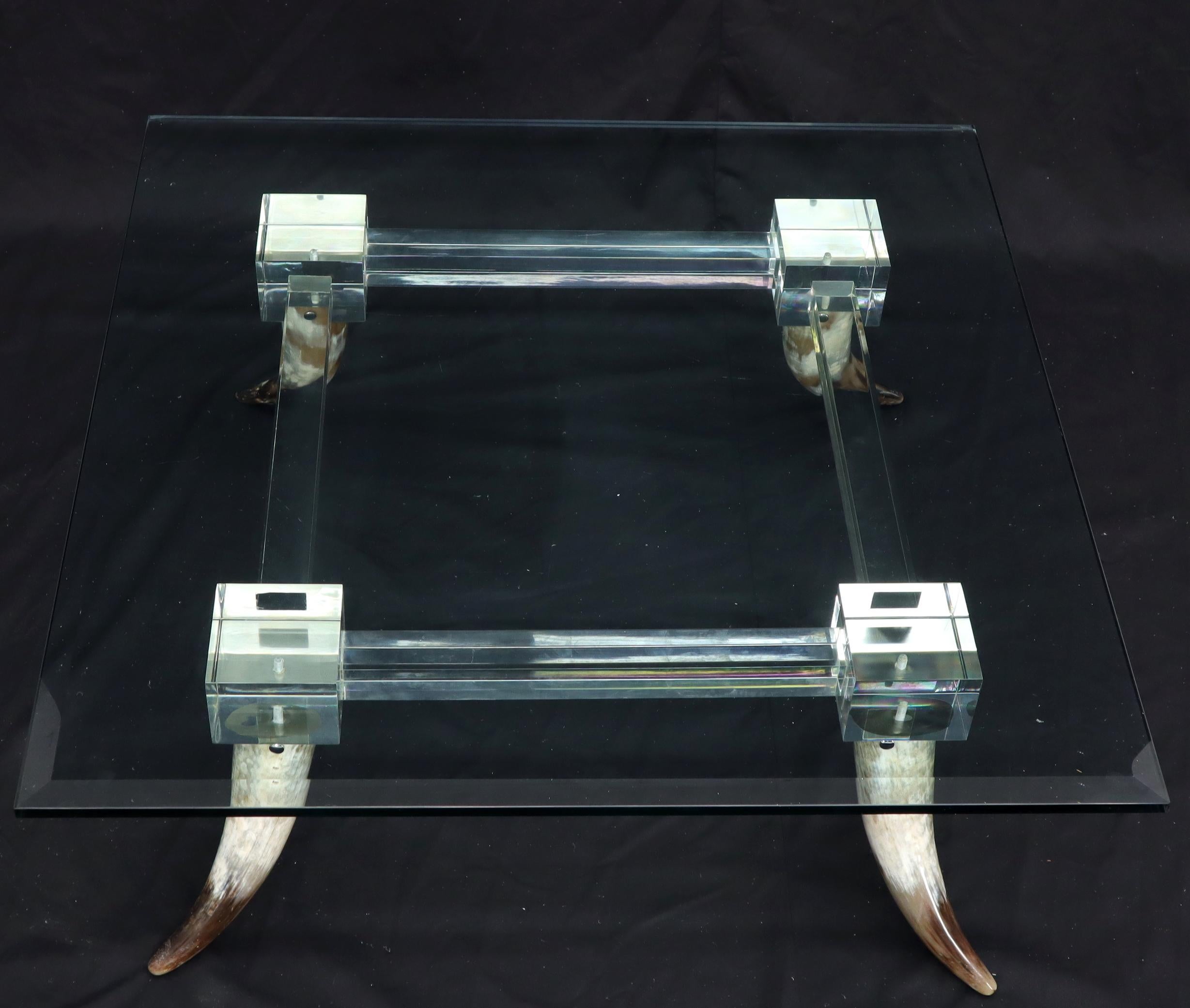 Mid-Century Modern Bull Horns Shaped to Legs Lucite Stretchers Base Square Glass Top Coffee Table For Sale