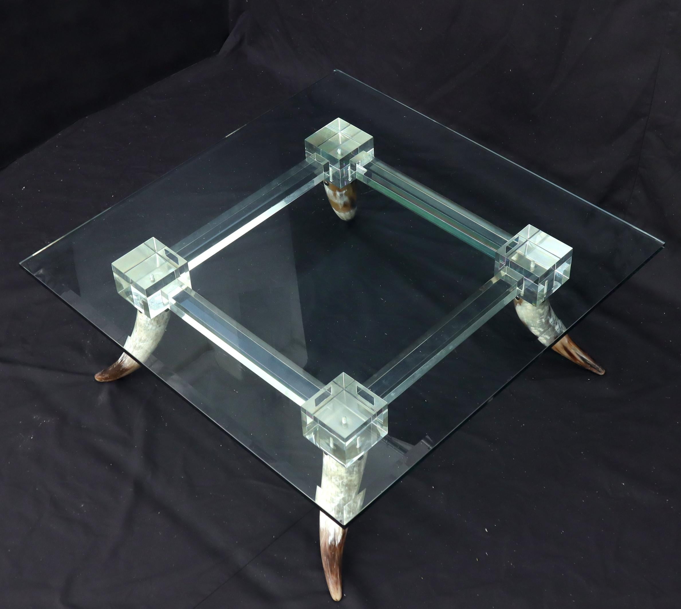 American Bull Horns Shaped to Legs Lucite Stretchers Base Square Glass Top Coffee Table For Sale