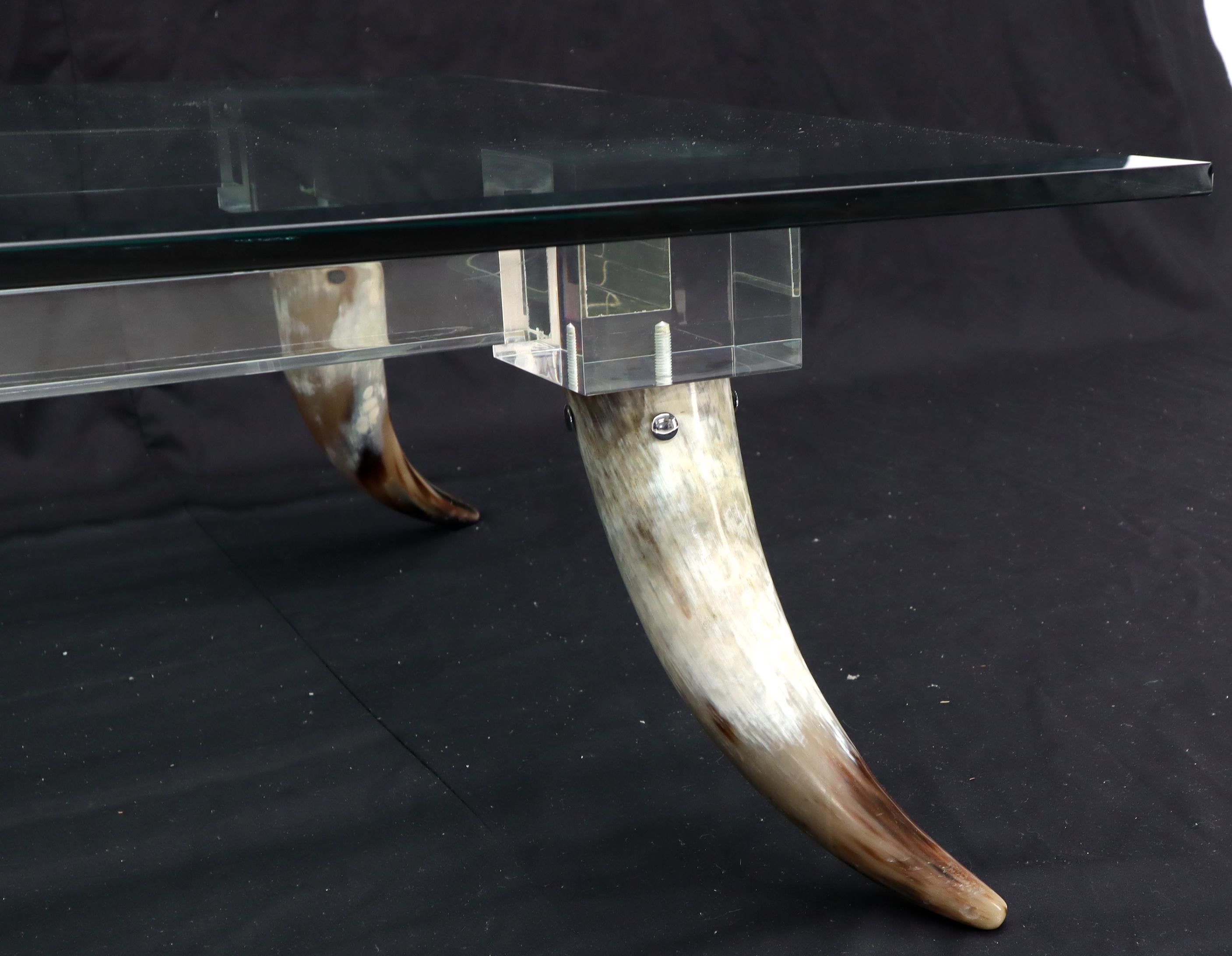 20th Century Bull Horns Shaped to Legs Lucite Stretchers Base Square Glass Top Coffee Table For Sale