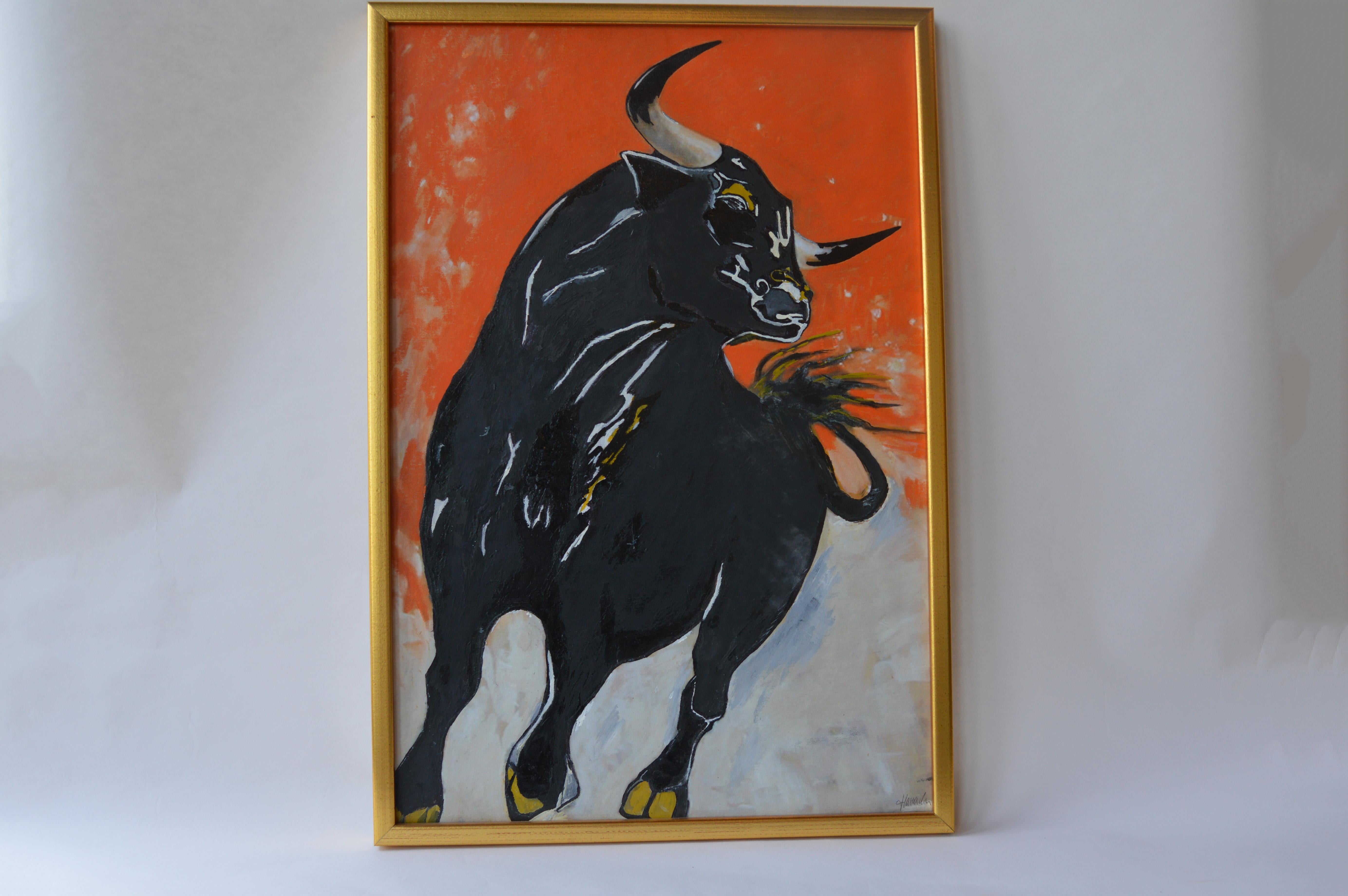 Oil painting of a bull on canvas, signed bottom right, by Austrian artist Havaden.