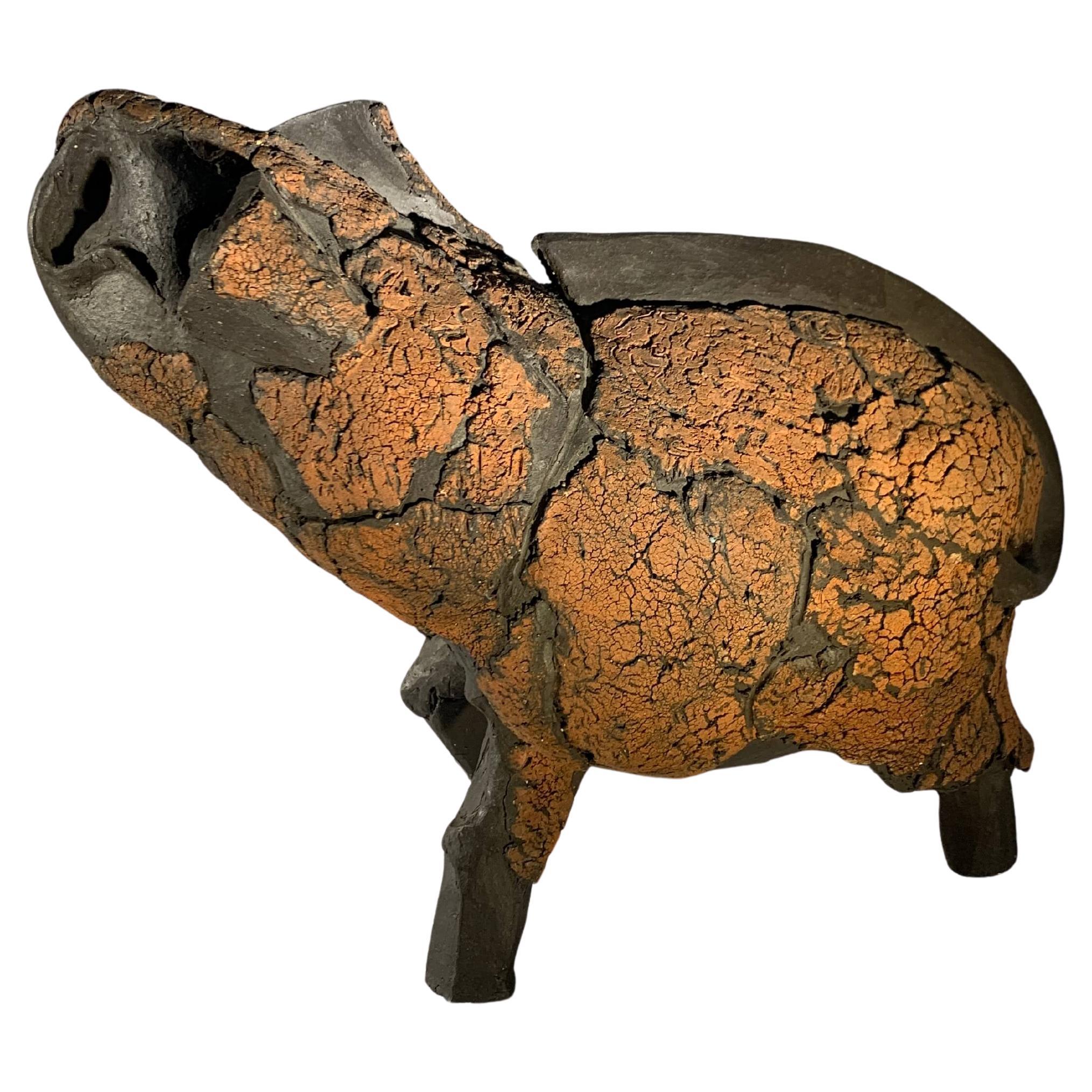 Bull Sculpture by Michel Hereman, Ceramic Raku, Mid-Century Modern