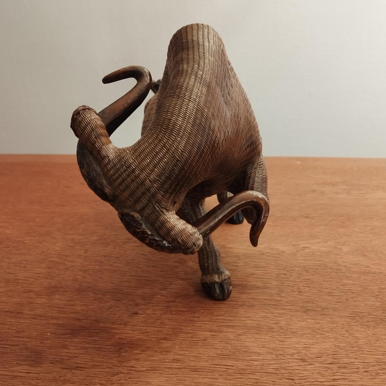 Lovely bull sculpture, made out of rattan. Origin Spain?.