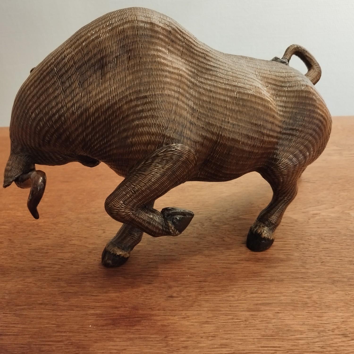 Mid-Century Modern Bull Sculpture Made Out of Rattan