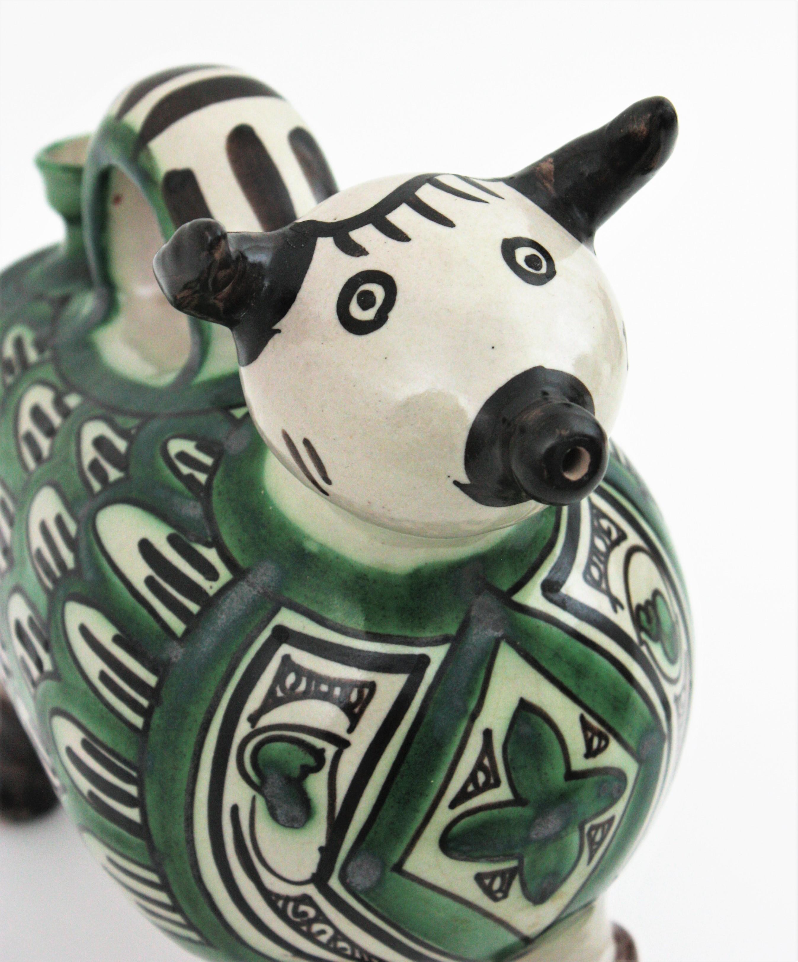 Spanish Bull Shaped Glazed Ceramic Pitcher For Sale 5