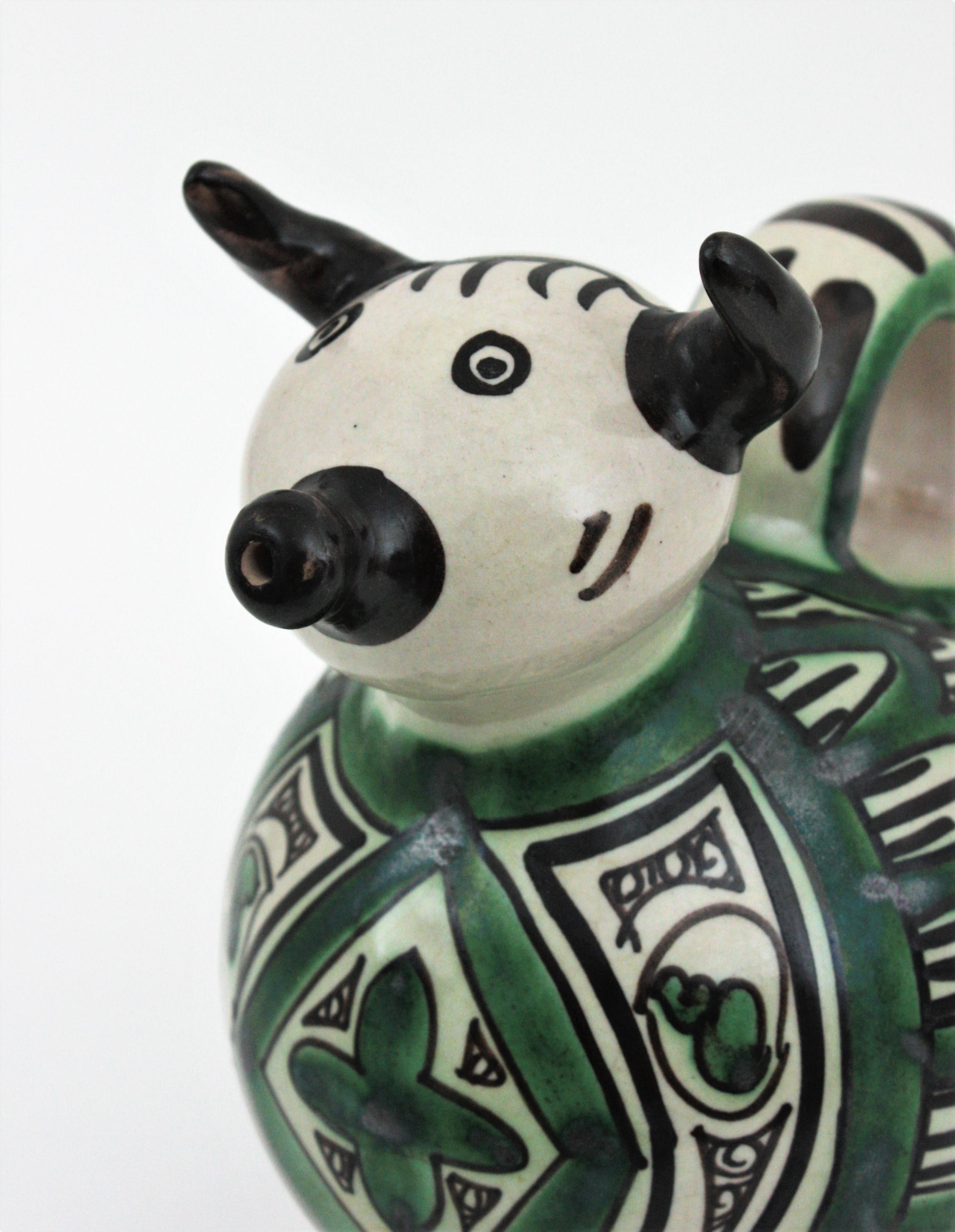 Spanish Bull Shaped Glazed Ceramic Pitcher For Sale 6