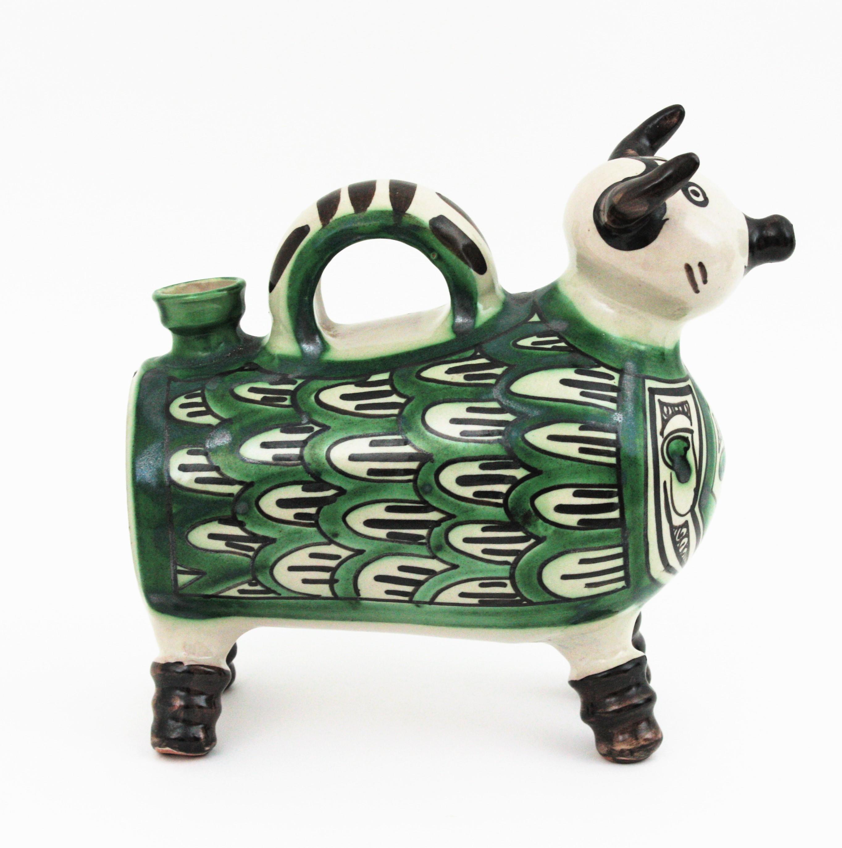 Mid-Century Modern Spanish Bull Shaped Glazed Ceramic Pitcher For Sale