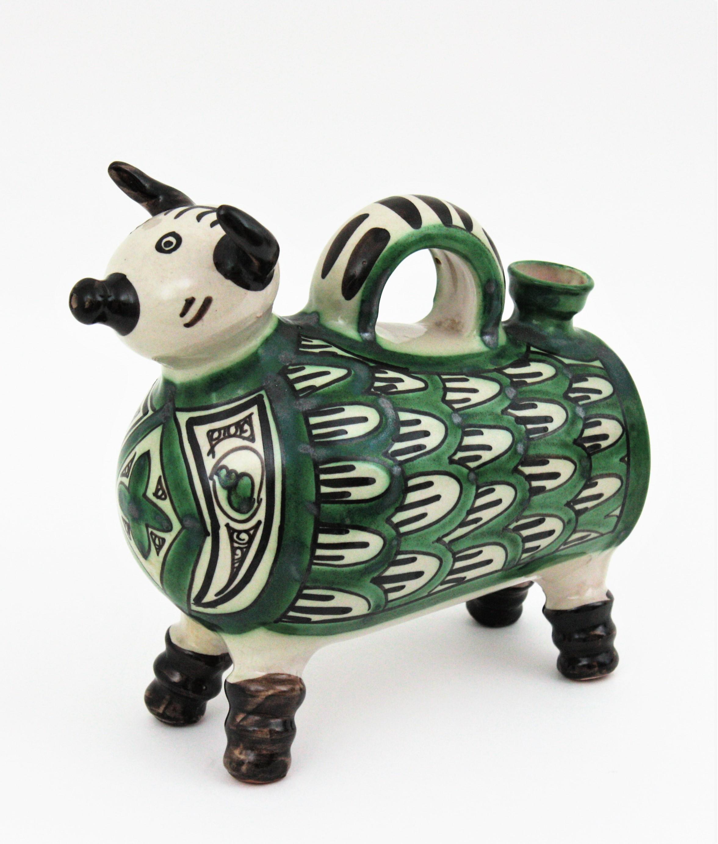 20th Century Spanish Bull Shaped Glazed Ceramic Pitcher For Sale