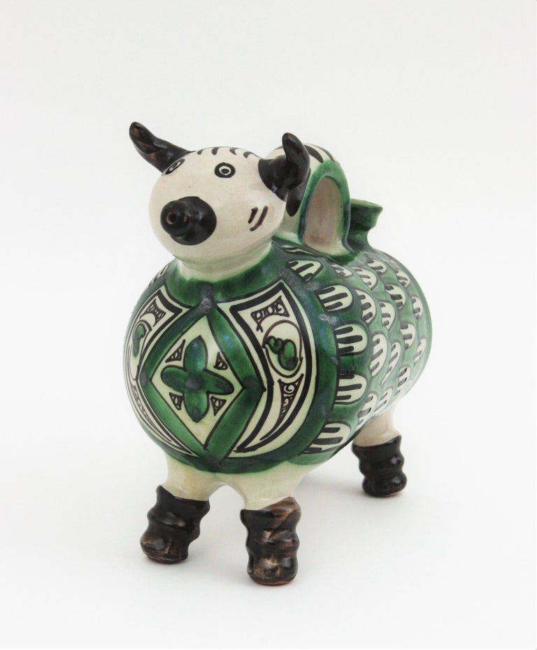 Bull Shaped Glazed Ceramic Pitcher, Spain, 1960s For Sale at 1stDibs