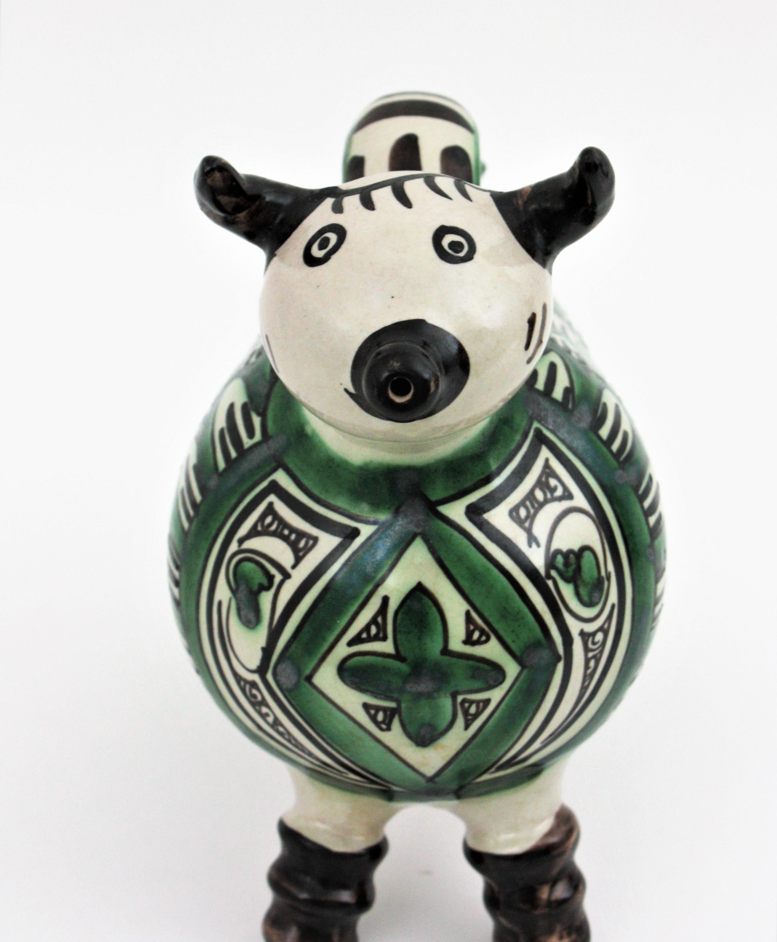 Spanish Bull Shaped Glazed Ceramic Pitcher For Sale 4