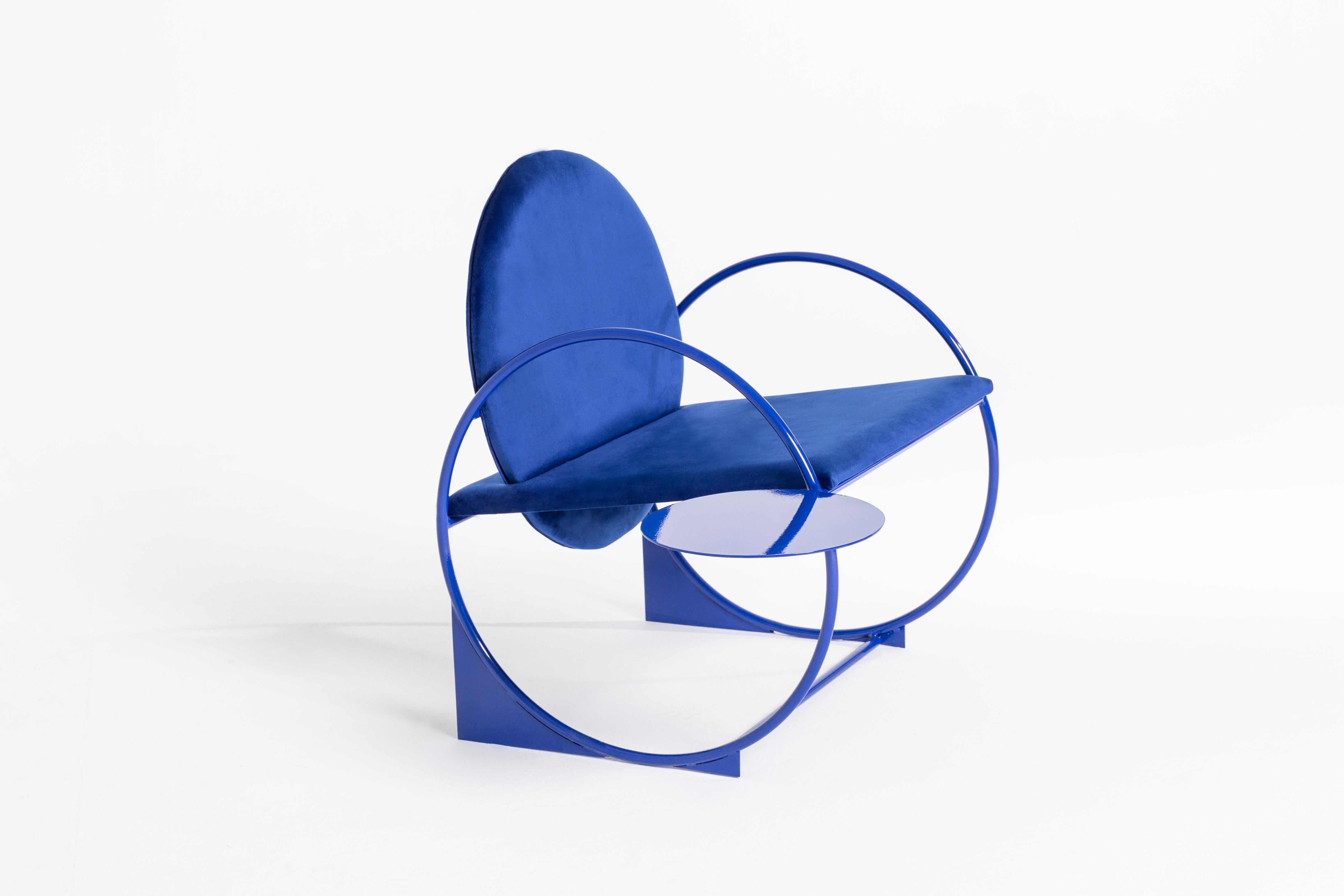 Bullarengue armchair by Ángel Mombiedro
Cm : 100 x 70 x 40 seat 80 back cm 
Inches: 35 x 28 x 16 seat 32 back in
RAL metallic structure with synthetic velvet seat. Side-tray included
Can be made to order in other colors/dimensions upon