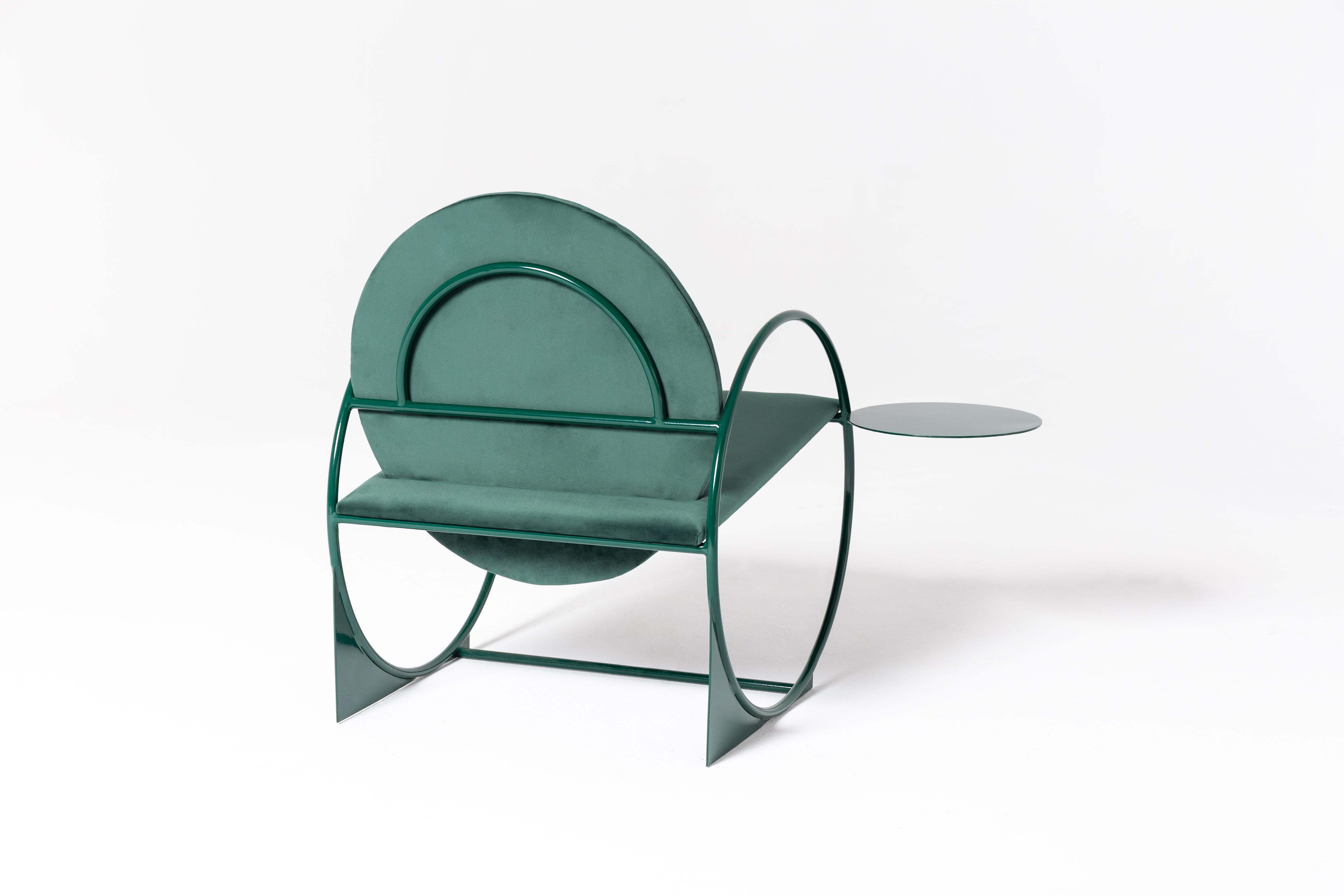 Bullarengue armchair by Ángel Mombiedro
Measures: Cm: 100 x 70 x 40 seat 80 back cm 
Inches: 35 x 28 x 16 seat 32 back in
RAL metallic structure with synthetic velvet seat. Side-tray included
Can be made to order in other colors/dimensions upon