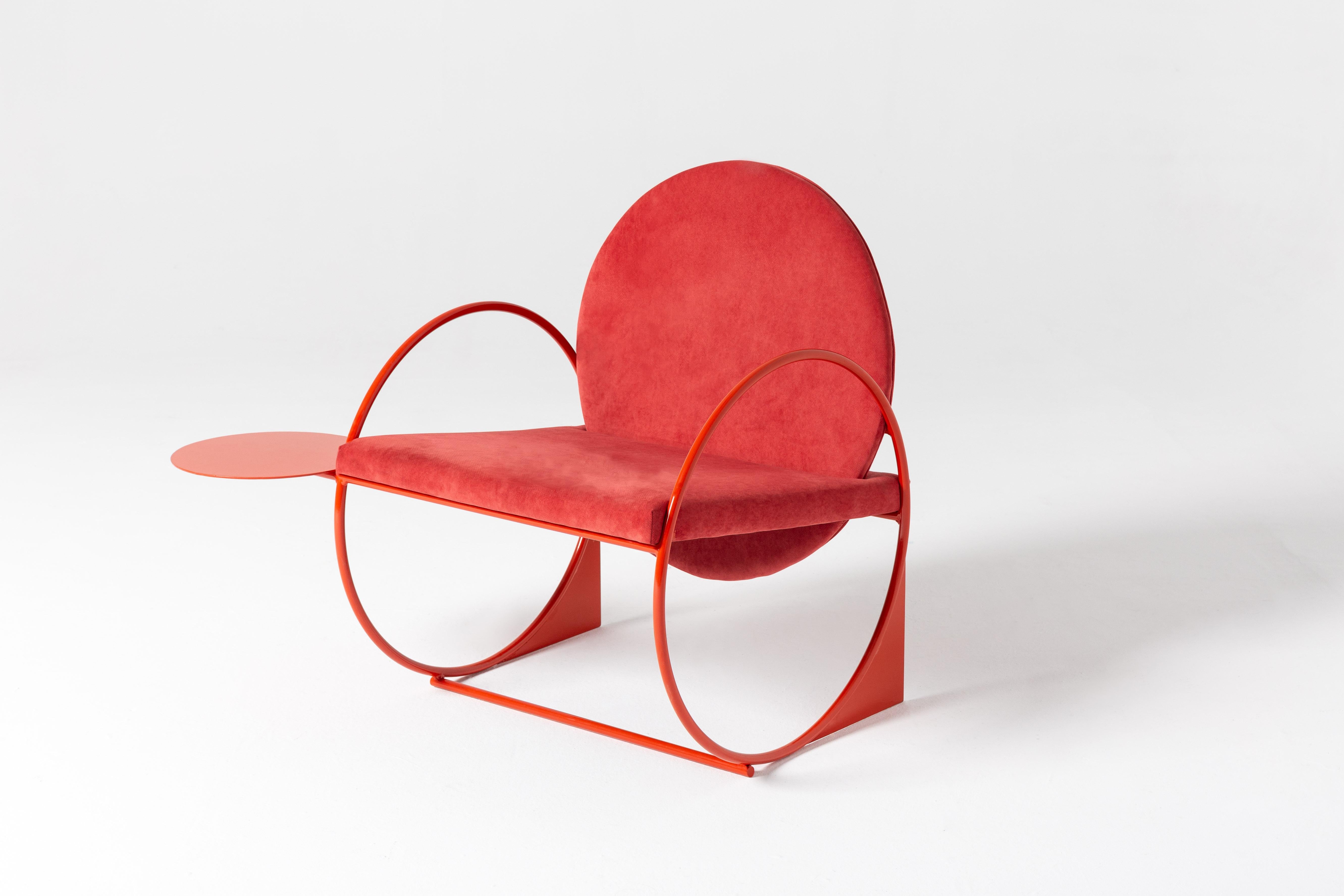 Bullarengue armchair by Ángel Mombiedro
Measures: cm : 100 x 70 x 40 seat 80 back cm 
Inches: 35 x 28 x 16 seat 32 back in
RAL metallic structure with synthetic velvet seat. Side-tray included
Can be made to order in other colors/dimensions upon