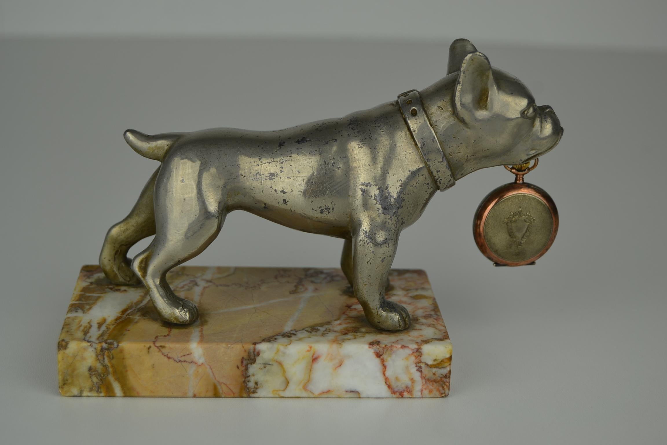 European Bulldog Dog Pocket Watch Holder, Pocket Watch Stand on Marble Base Art Deco