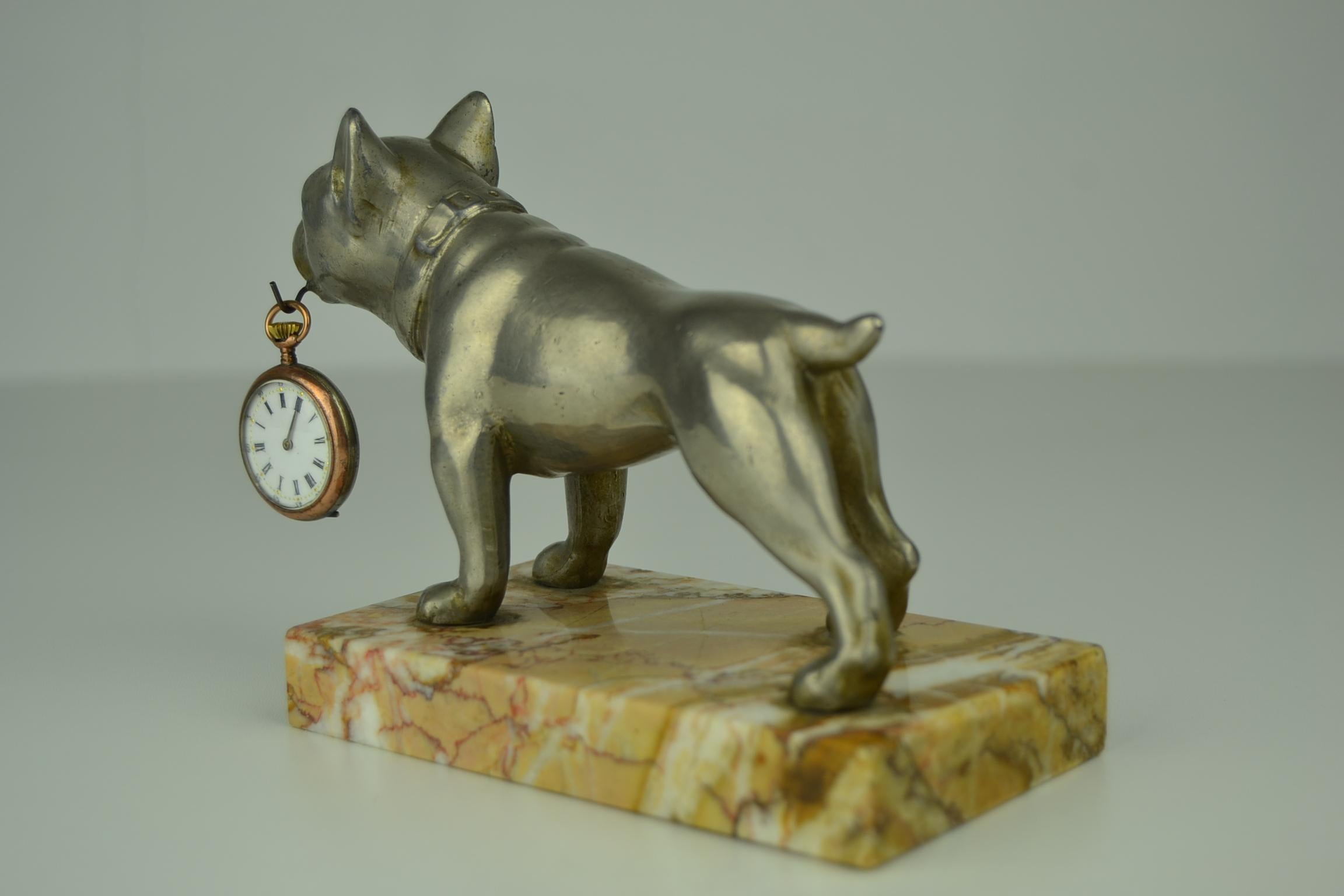 Metal Bulldog Dog Pocket Watch Holder, Pocket Watch Stand on Marble Base Art Deco