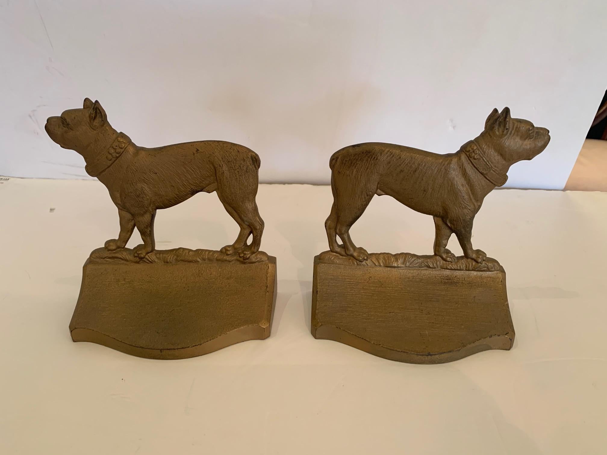 Early 20th Century Bulldog Lovers Irresistible Pair of Antique Gilt Iron Doggie Bookends For Sale