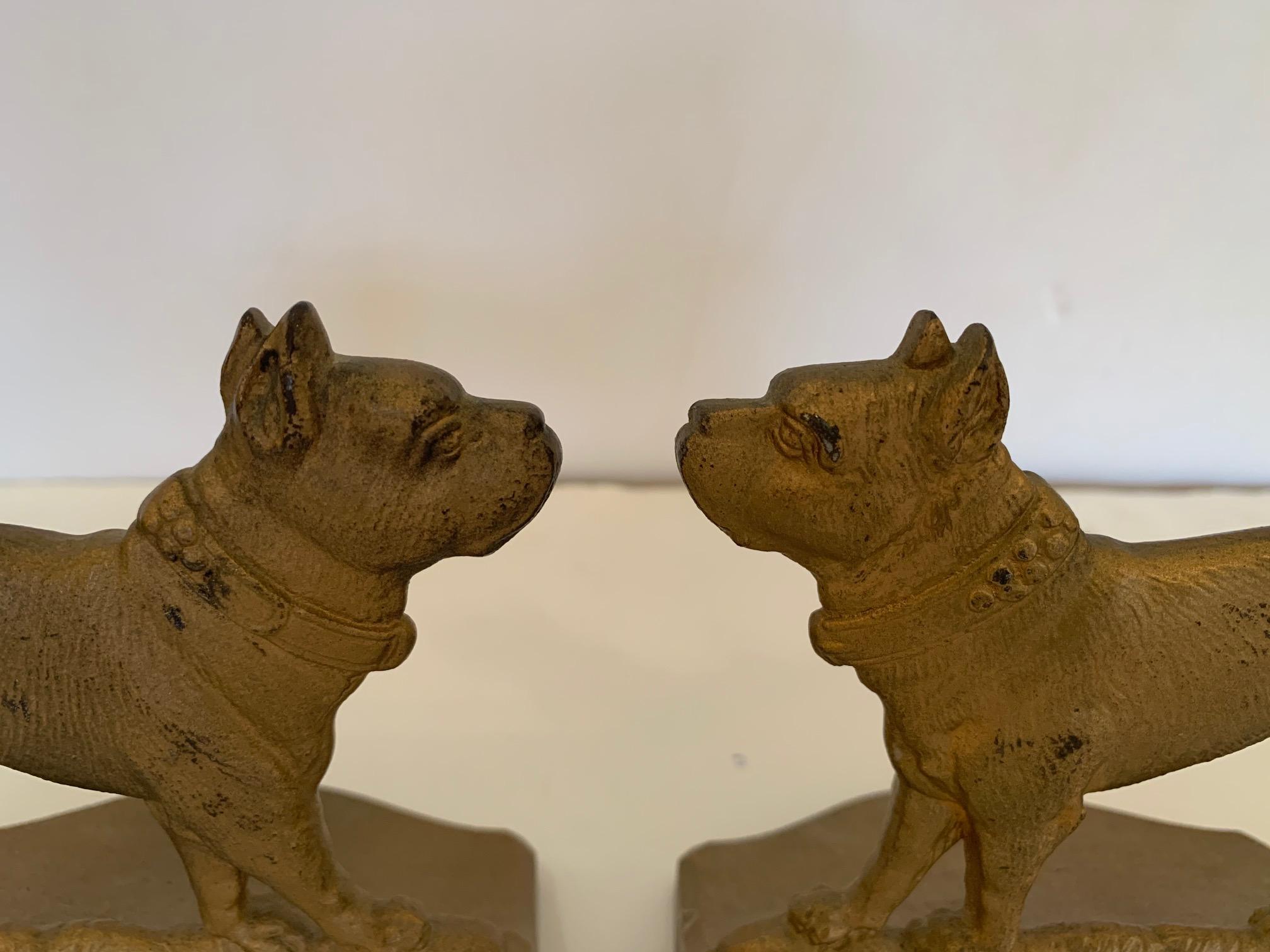 Bulldog Lovers Irresistible Pair of Antique Gilt Iron Doggie Bookends For Sale 2