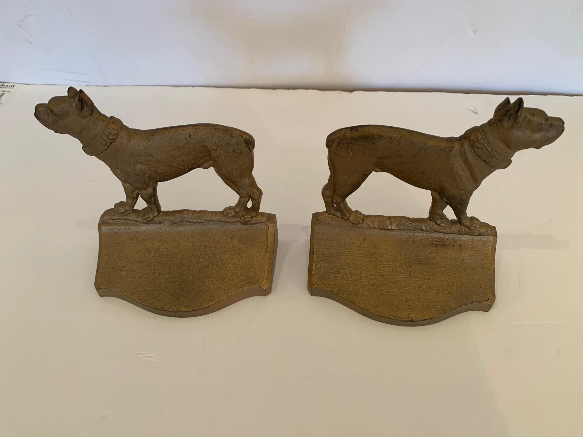 Bulldog Lovers Irresistible Pair of Antique Gilt Iron Doggie Bookends For Sale 3