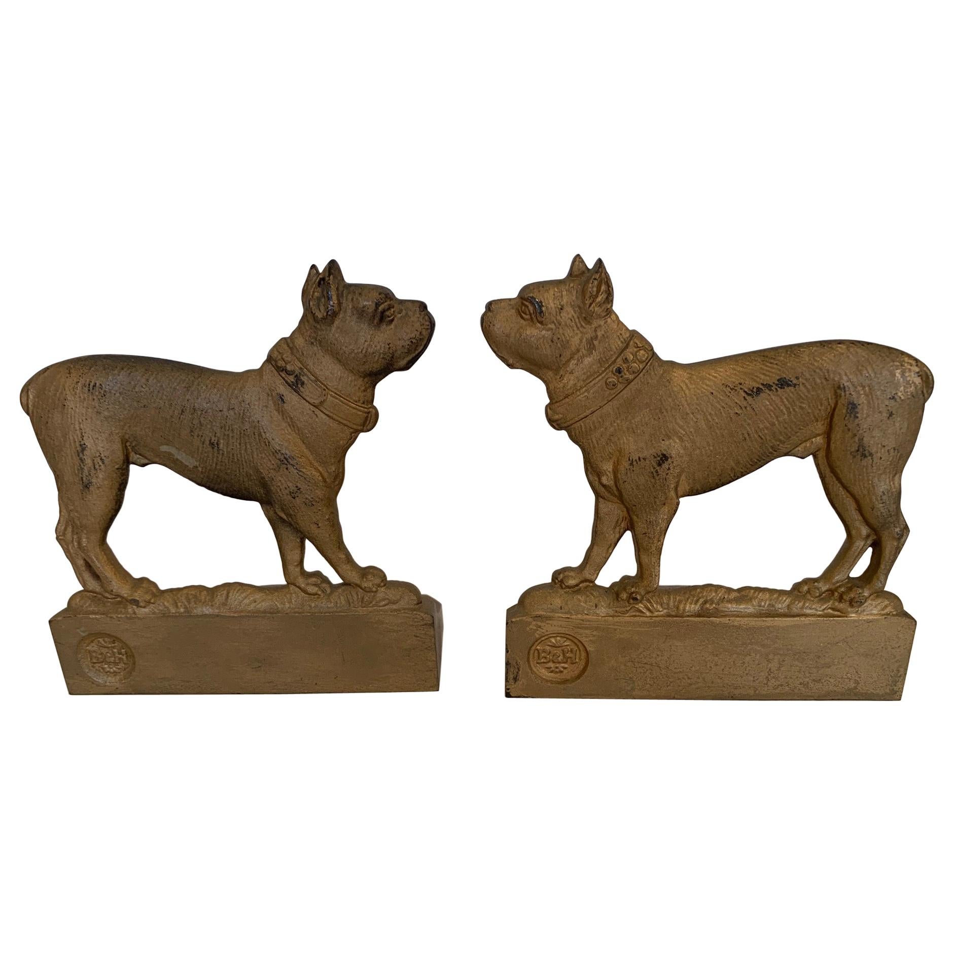 Bulldog Lovers Irresistible Pair of Antique Gilt Iron Doggie Bookends For Sale