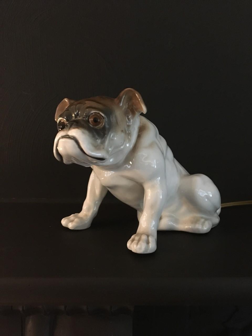 Antike Bulldog-Parfümlampe. 
Bulldogge aus Porzellan von Ernst Böhne & Söhne, Deutschland, um 1920. 
Eine Hundeskulptur aus der Zeit des Jugendstils und des frühen Art déco mit Glasaugen und Innenbeleuchtung. 
Bulldogge - Englische Bulldogge - Alte