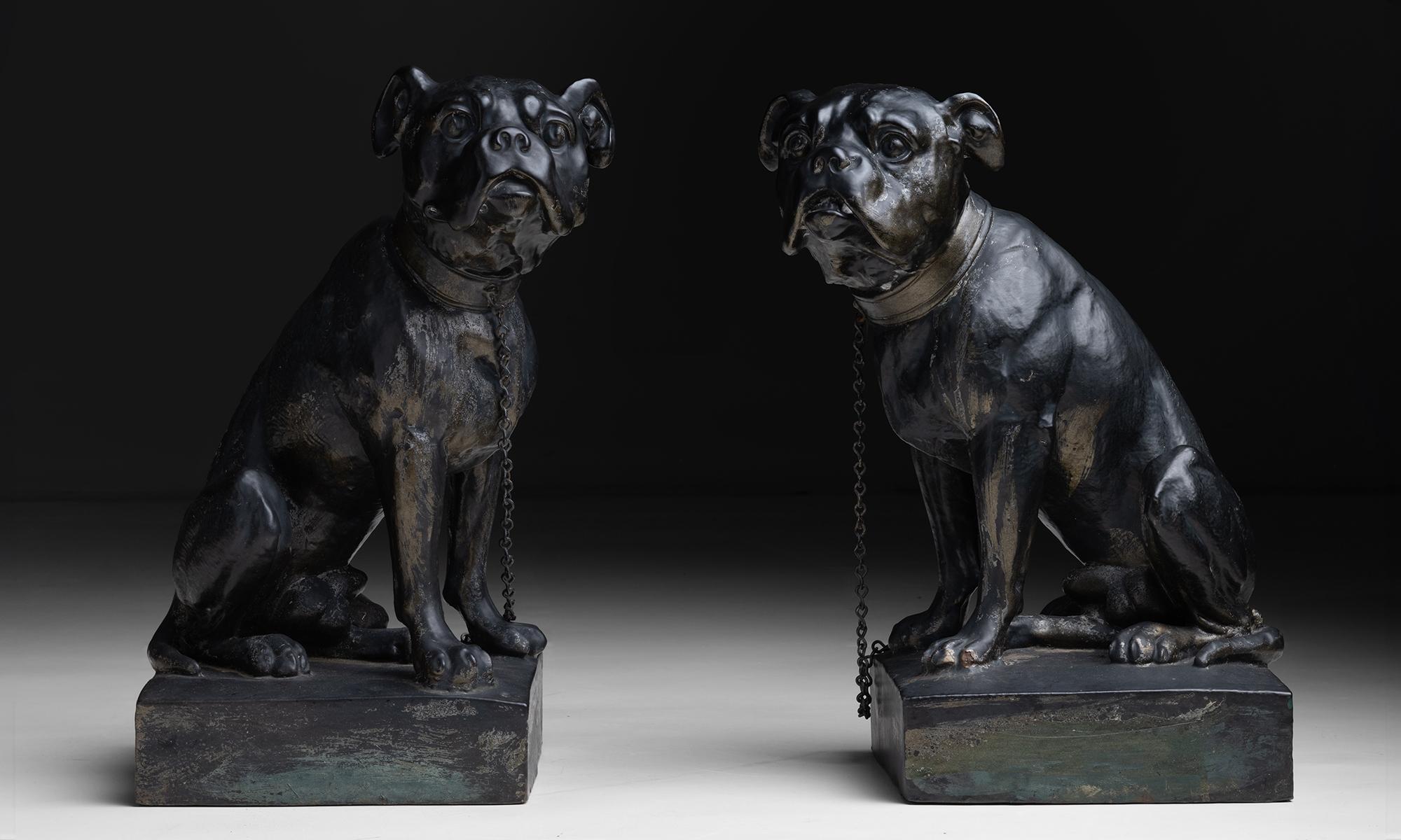 Bulldog Statues
England circa 1910
Cast iron and bronze bulldog statues with chain leashes.
13”w x 11”d x 19”h