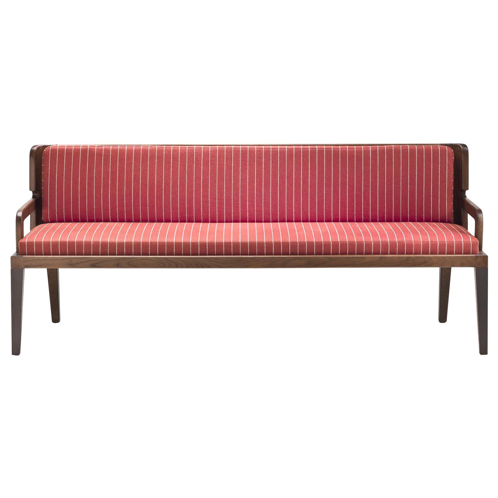 BULLE Striped Red Small Sofa in Solid Oak and Metal Details For Sale