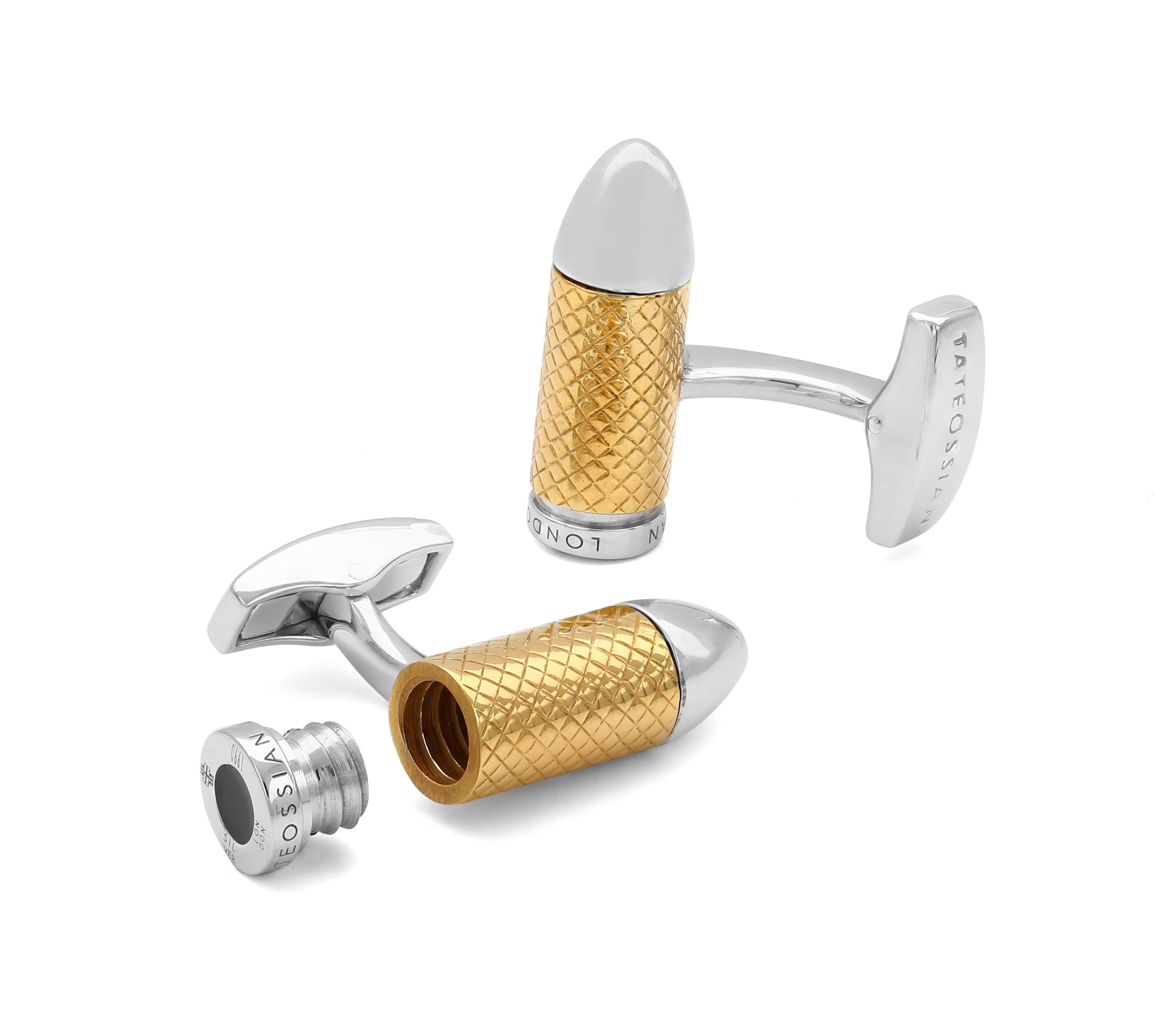 This edgy minimalistic style comprimises of sleek two toned plating combined with our signature diamond pattern, adding texturing and metallic colouring. Twist the end of the bullet to unveil the hidden chamber inside. 2 micron yellow gold plated